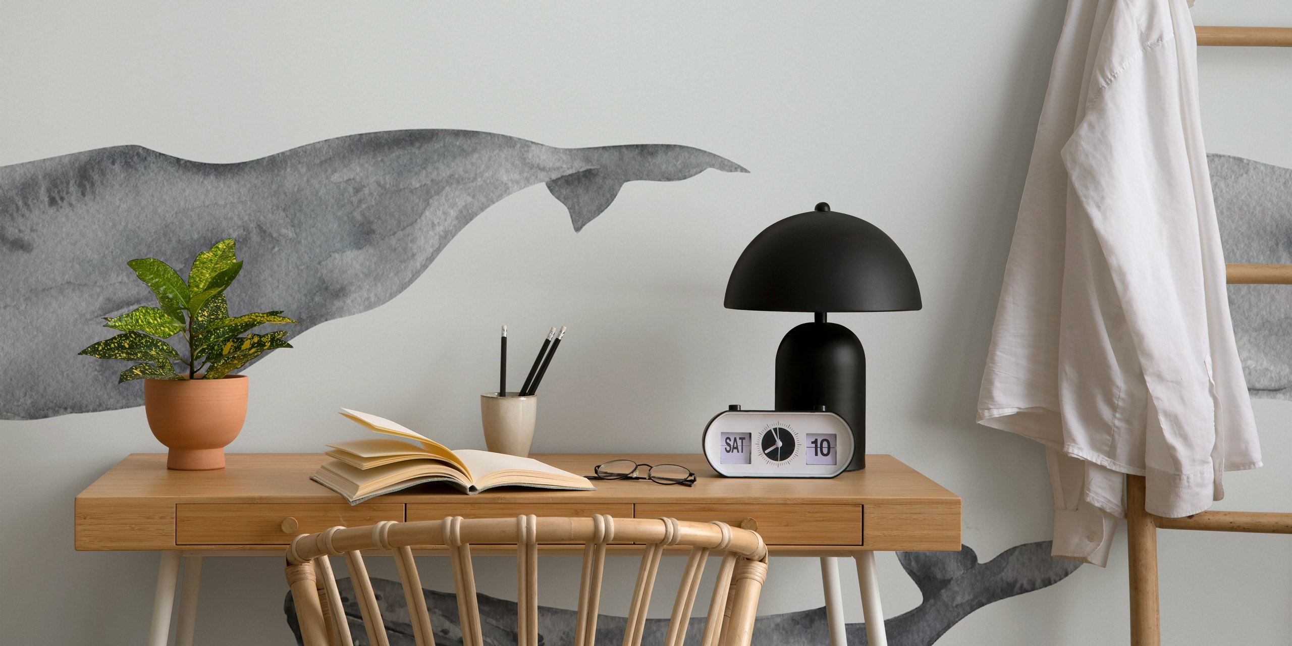 Carta da parati Watercolor Whale Pattern in una stanza