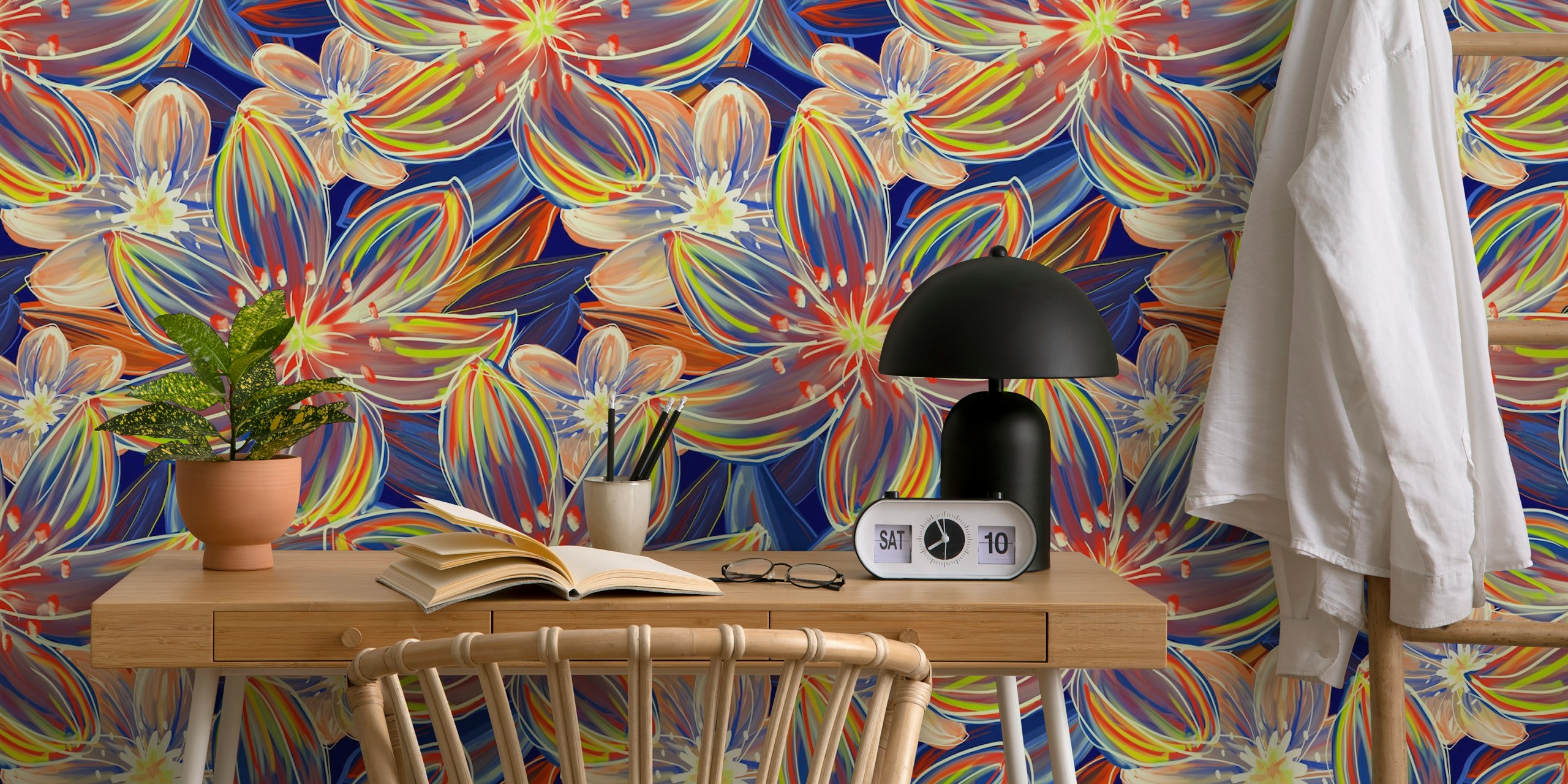 Colorful floral pattern featuring orange and blue flowers wallpaper