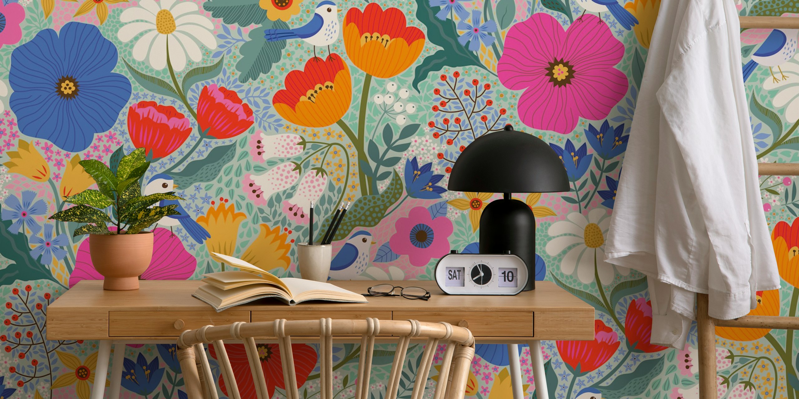 Maxi Summer Floral papel tapiz con aves y flores