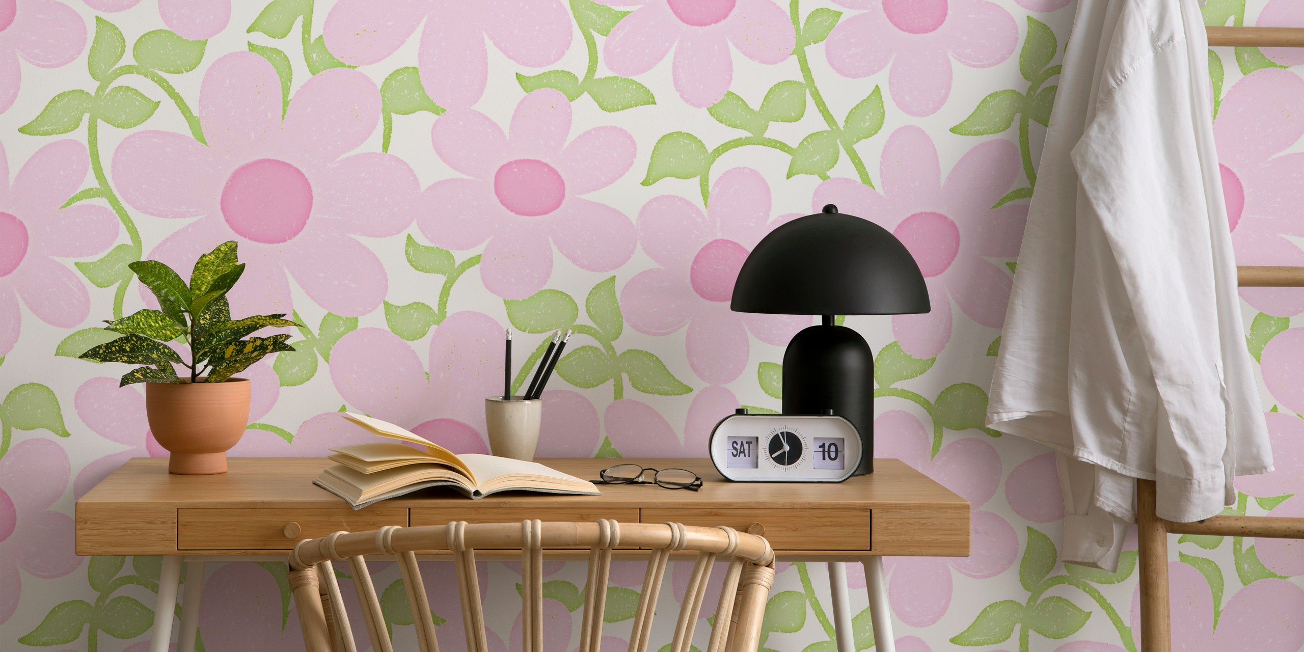 Pastel pink flowers with green leaves wallpaper