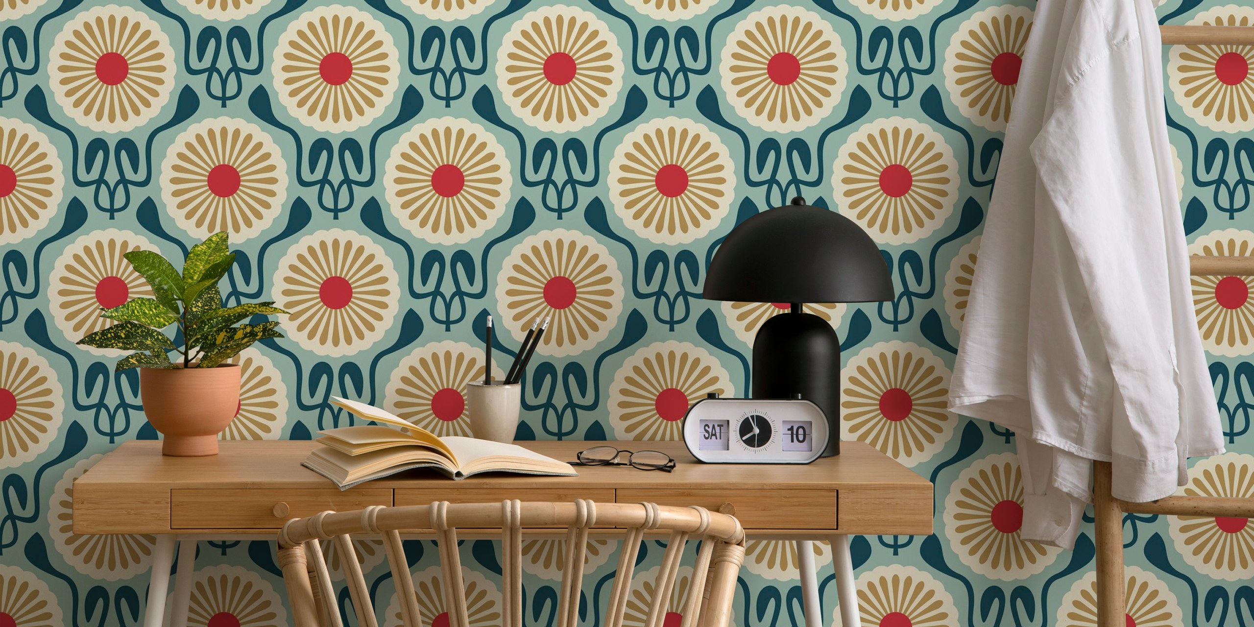 Daisy flowers with teal and gold colors in vintage style wallpaper