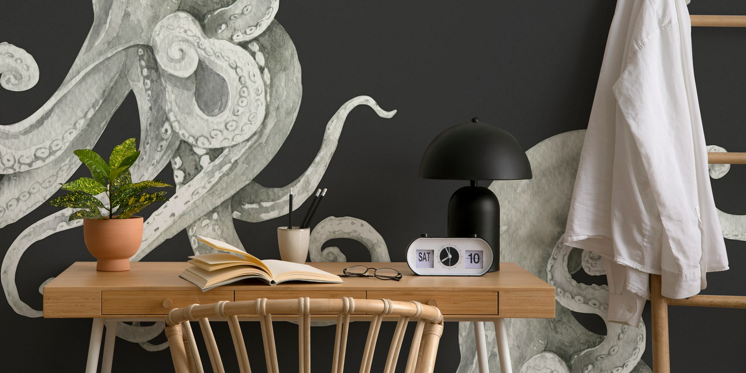 Black and white octopus illustrations on dark background wallpaper
