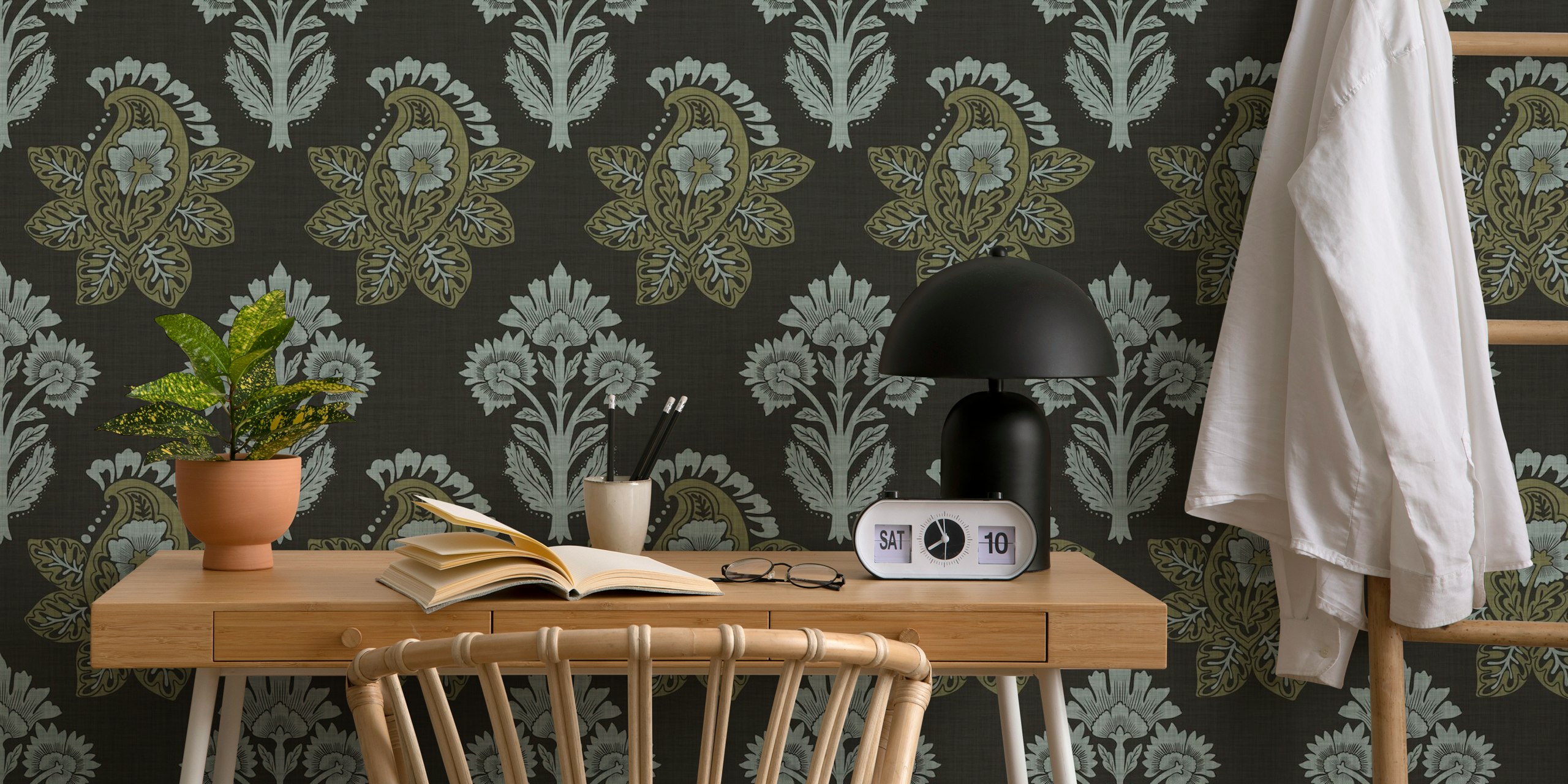 Black wallpaper with floral leaf pattern featuring intricate designs in white and green