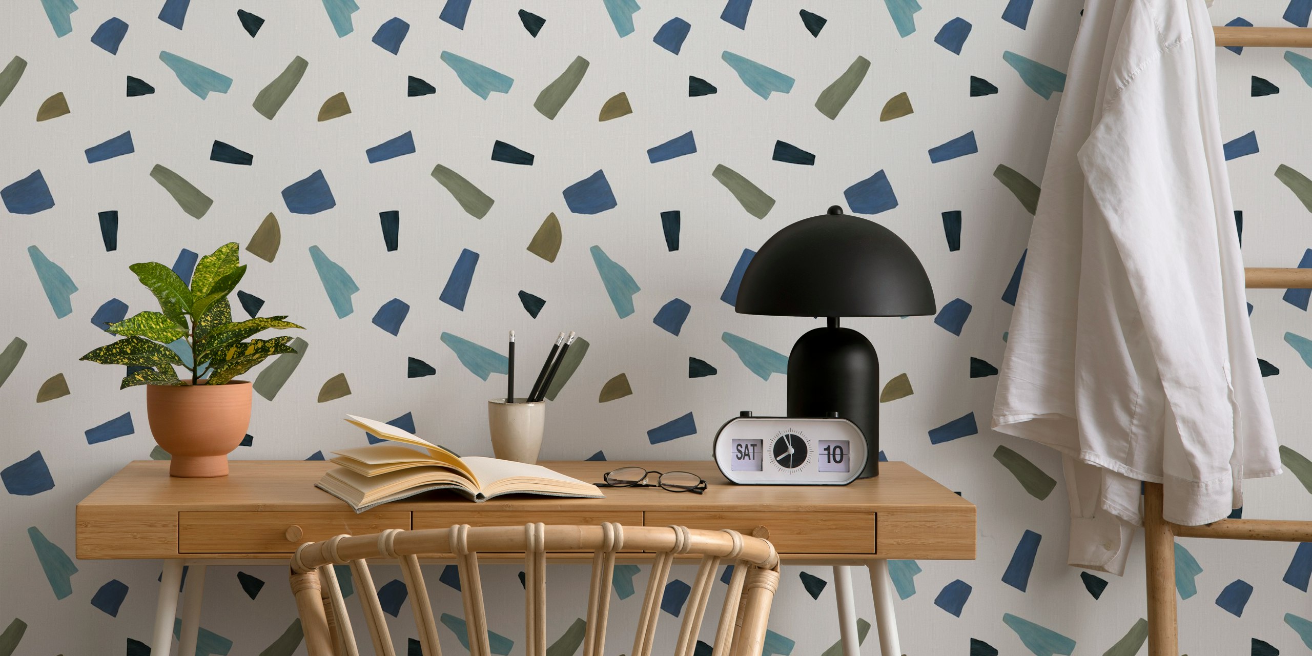 Abstract geometric shapes in blue, brown, and green wallpaper