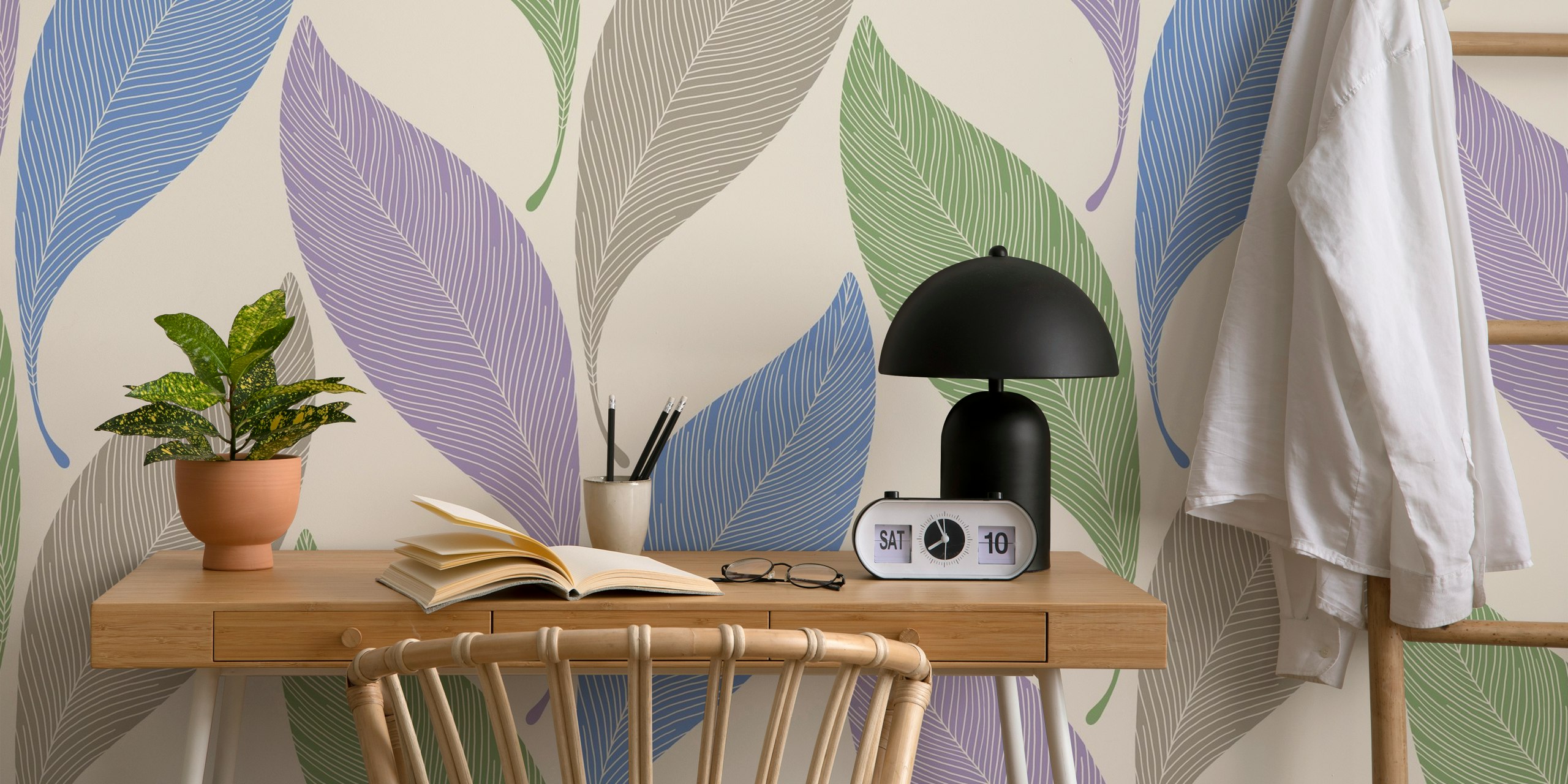 Chevron leaves in purple, blue, and green on light background wallpaper