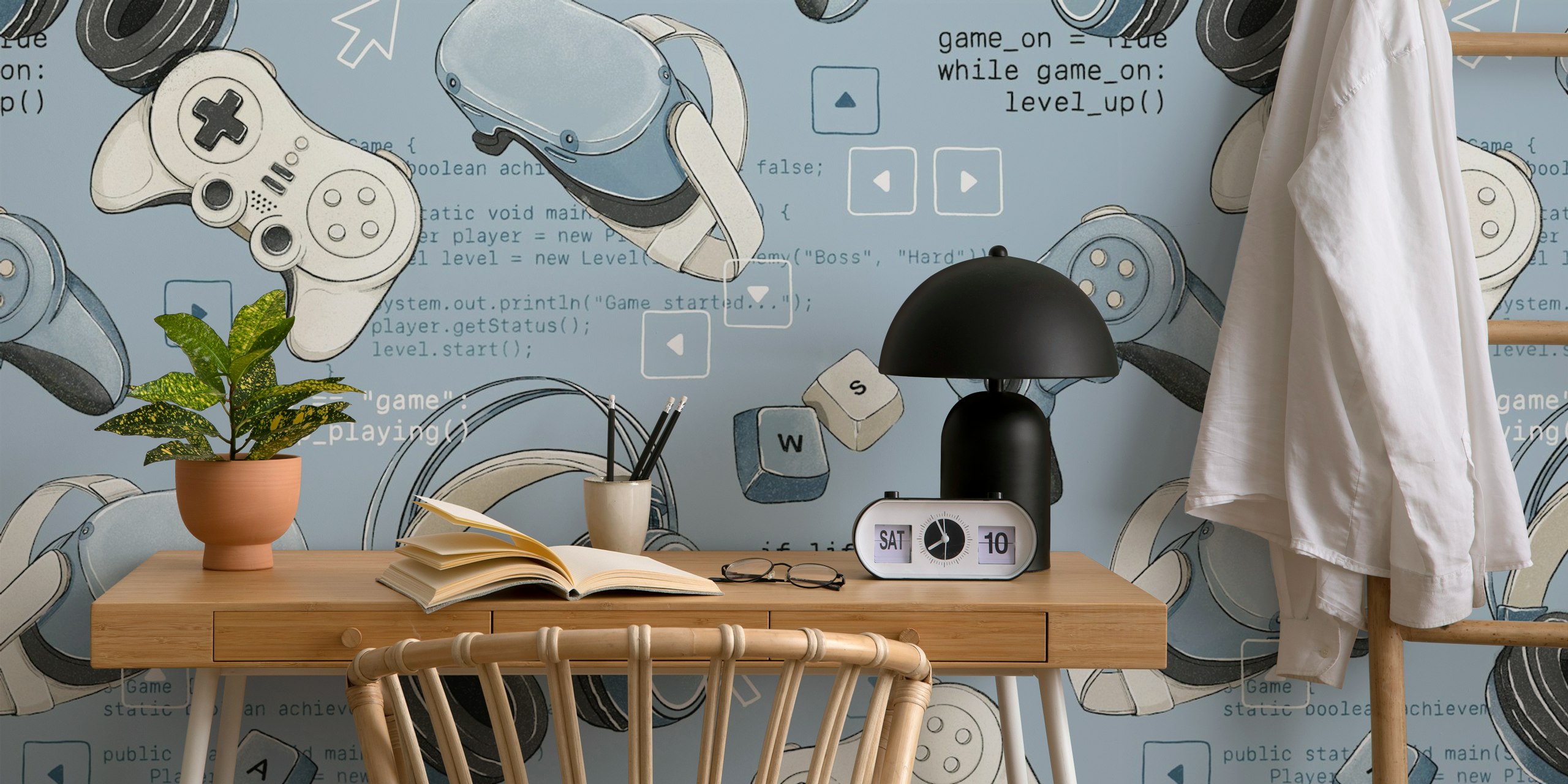 Gaming themed blue wallpaper in a room