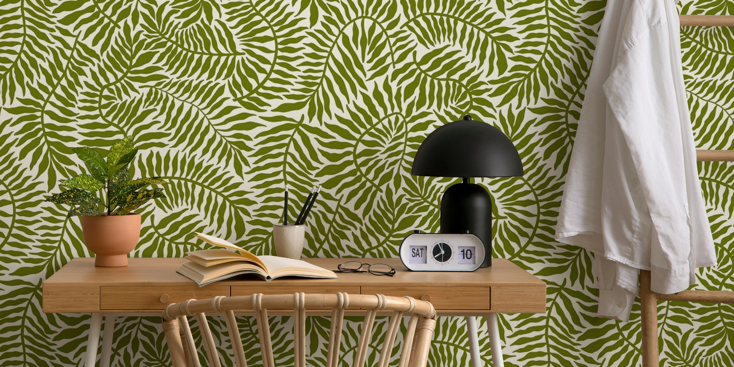 Moss green ferns on a white background wallpaper