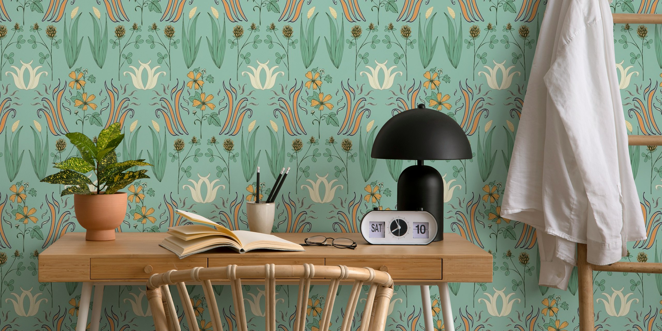 Vintage floral green wallpaper with stylized flowers and leaves in soft pastel colors