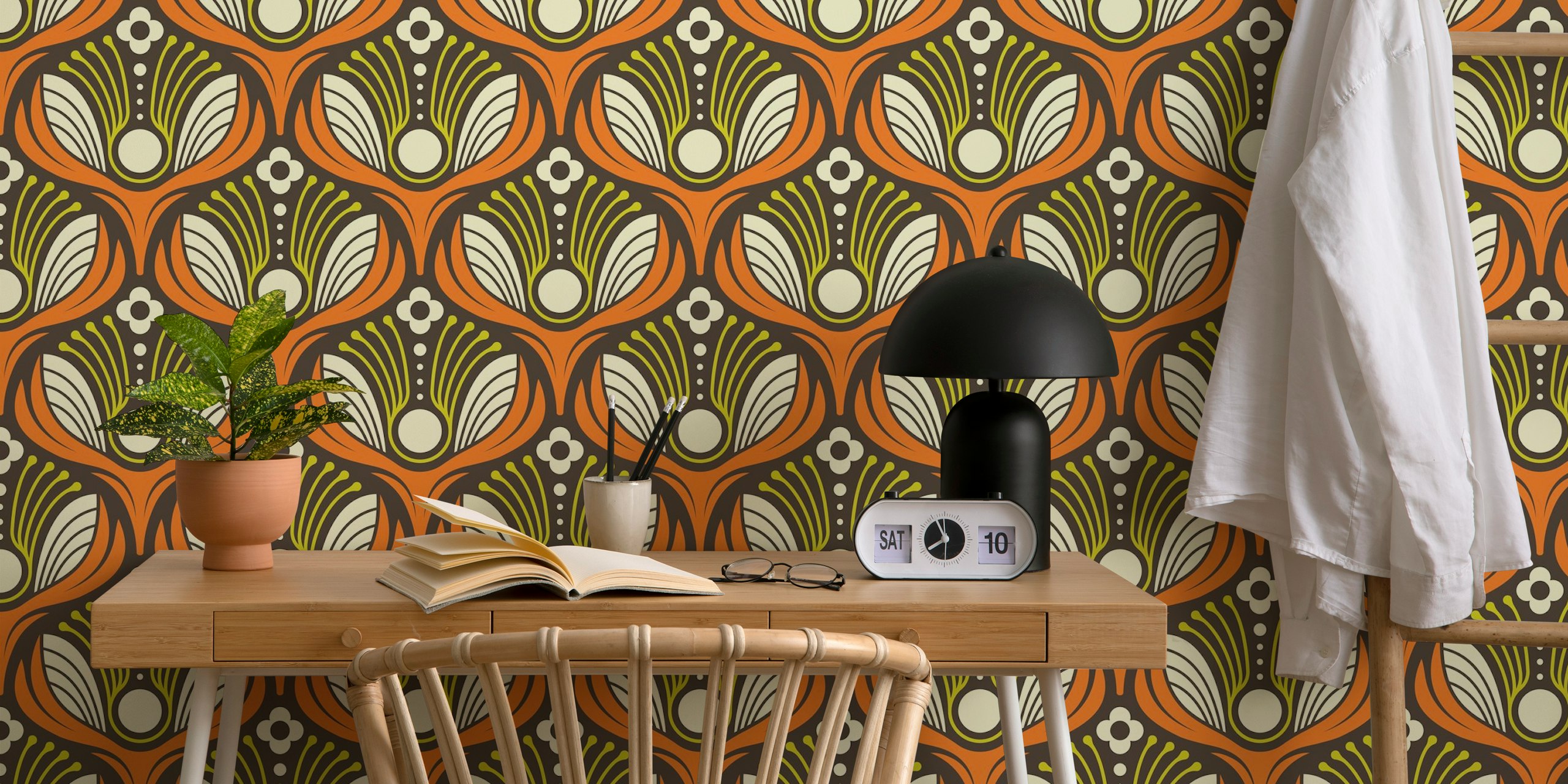 Art Deco Floral in Orange Wallpaper