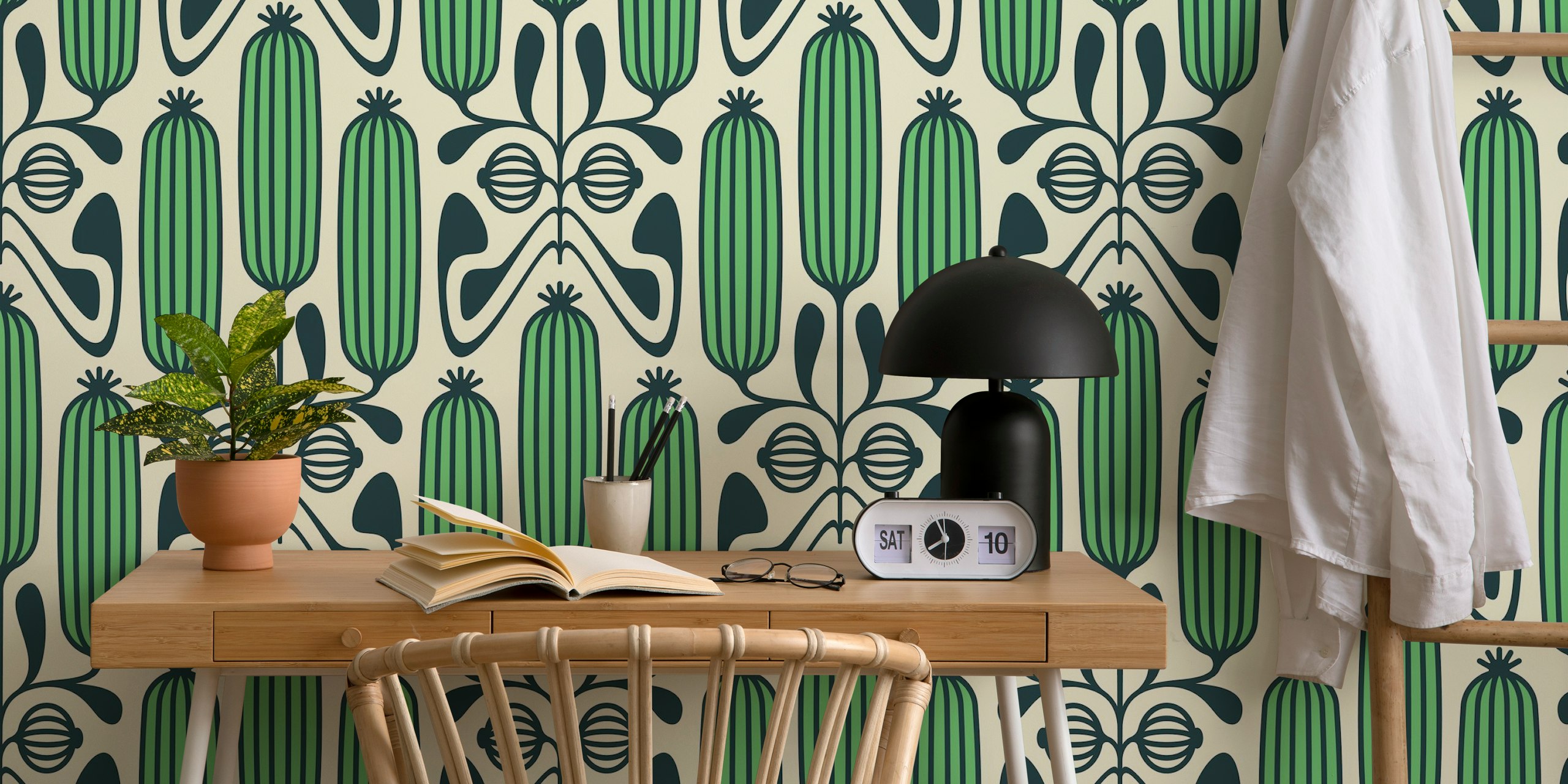 Green floral pattern featuring ornate cucumbers wallpaper