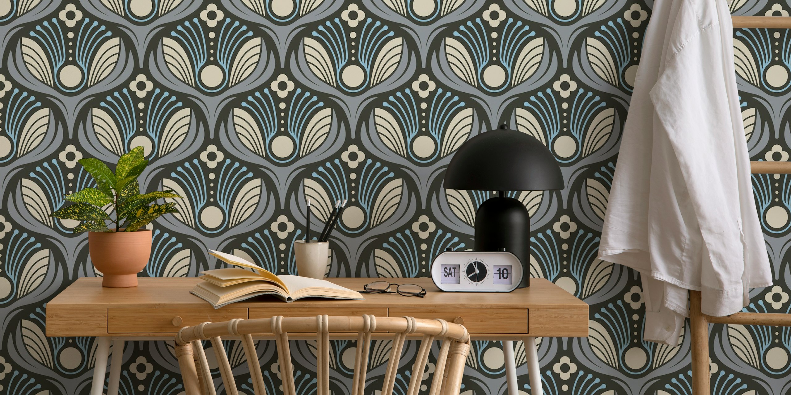 Art Deco Floral in Blue Gray design de papier peint