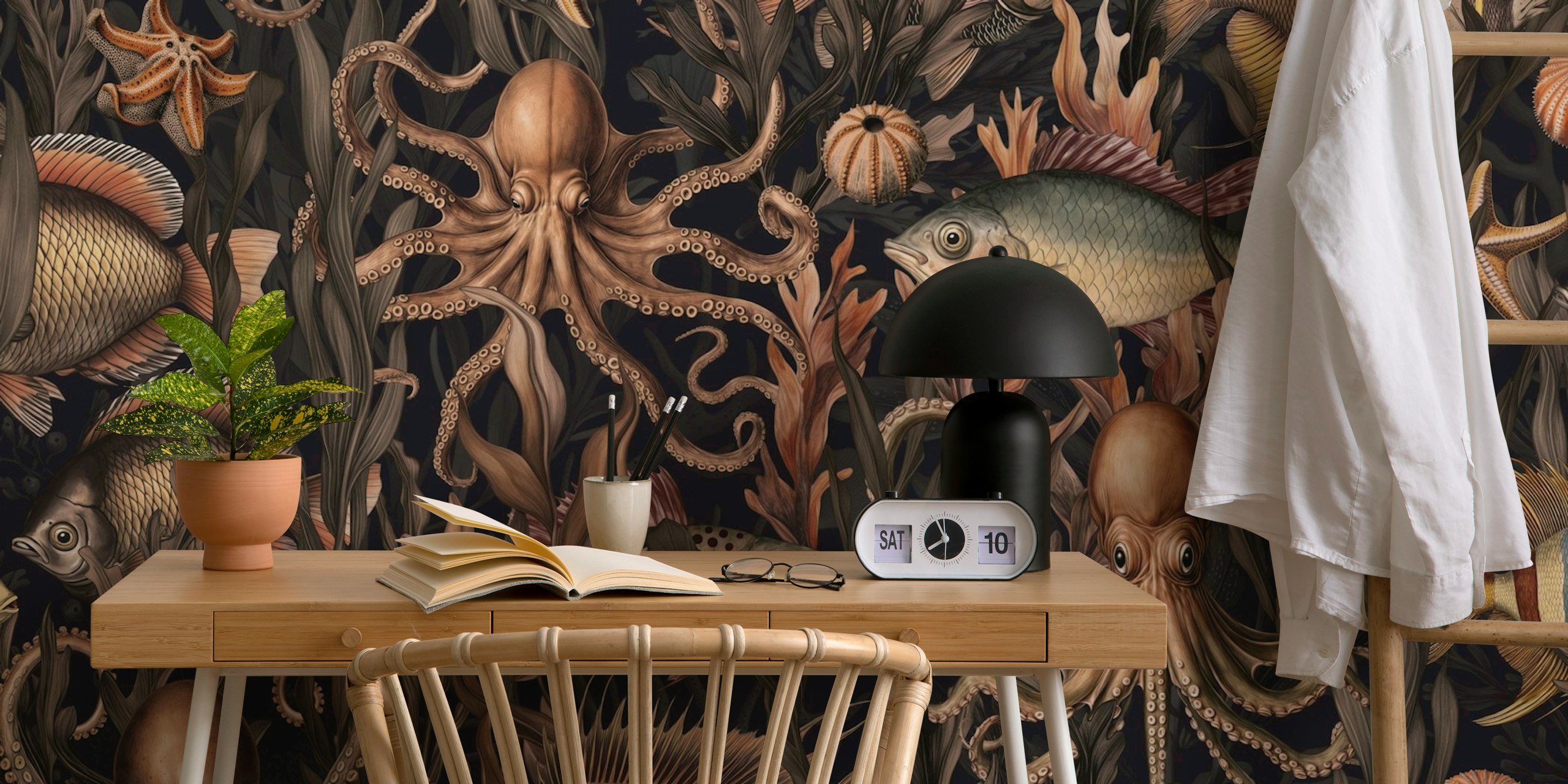 Underwater scene with octopuses and various fish in dark ocean colors wallpaper