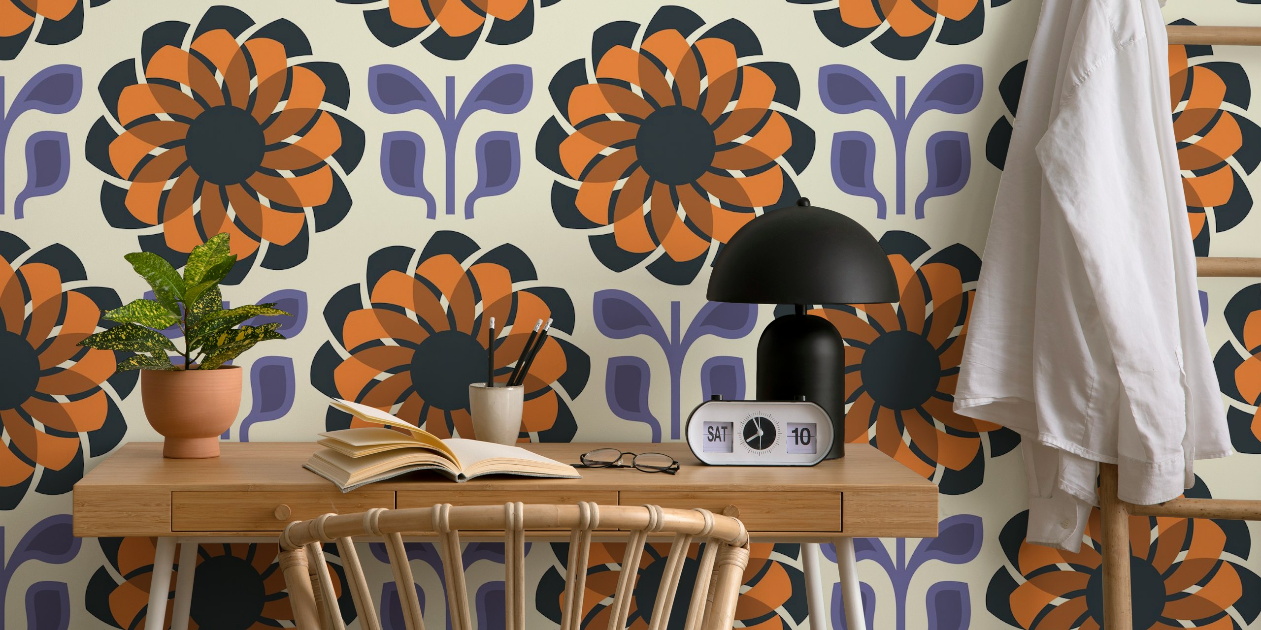 Geometric Flower Fusion in Orange Purple - L