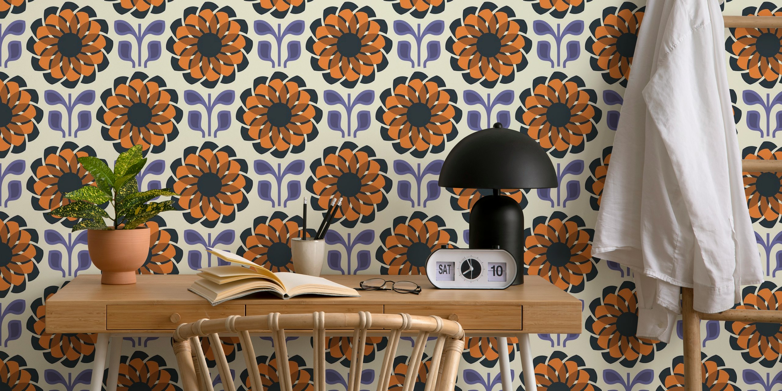 Geometric Flower Fusion in Brown Green - S tapeta v pokoji