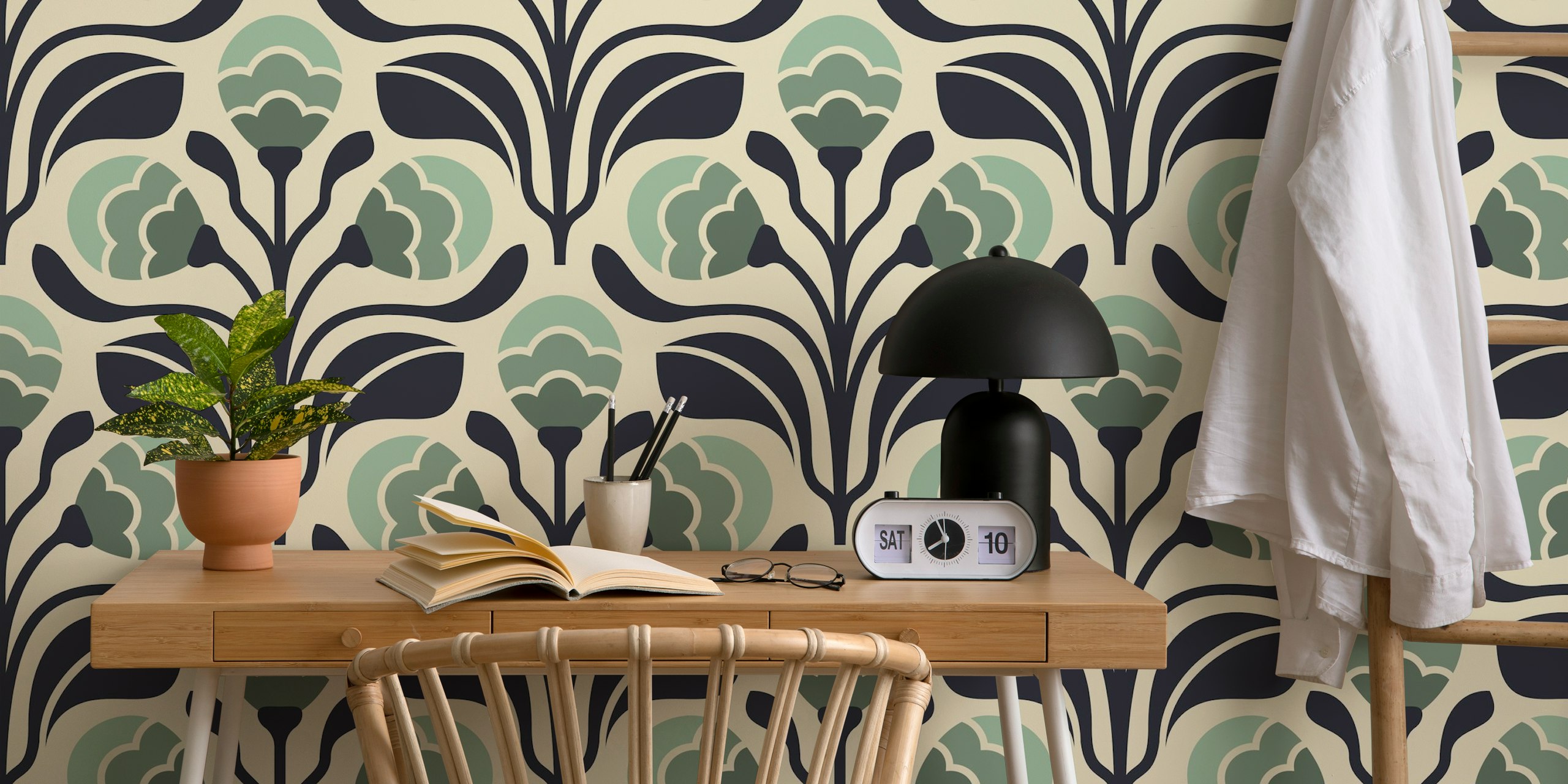 Retro floral buds wallpaper in a room