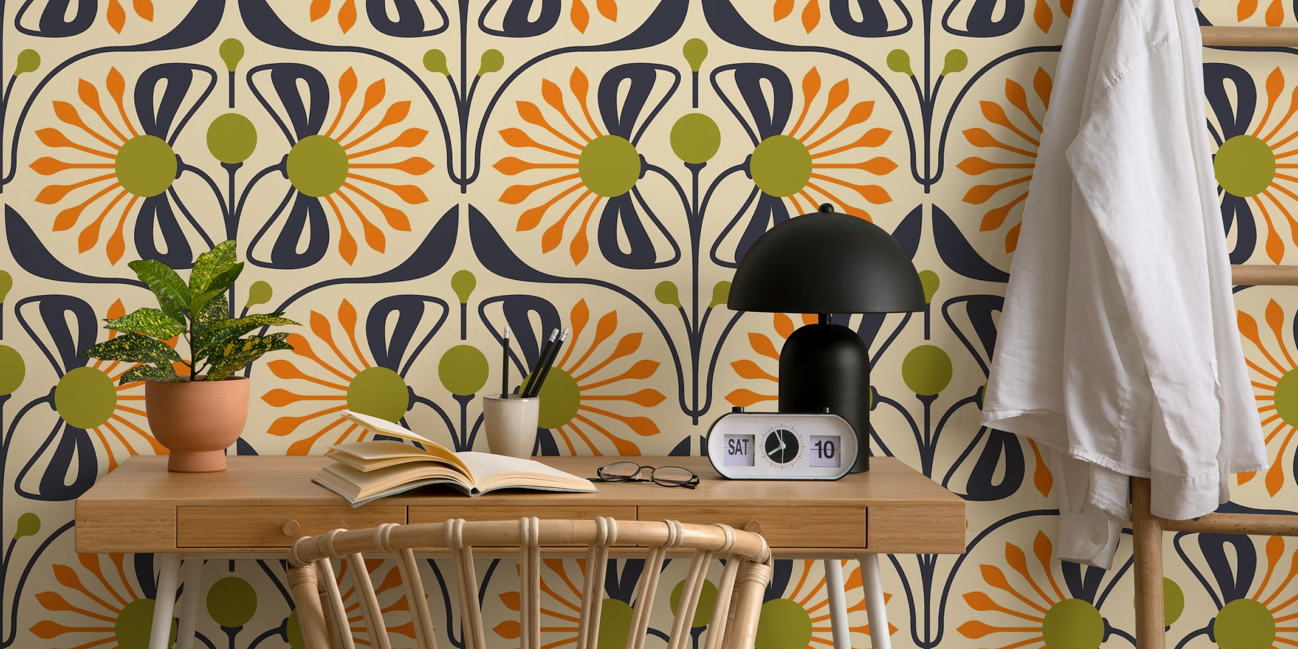 Retro blossom wallpaper i varme farver