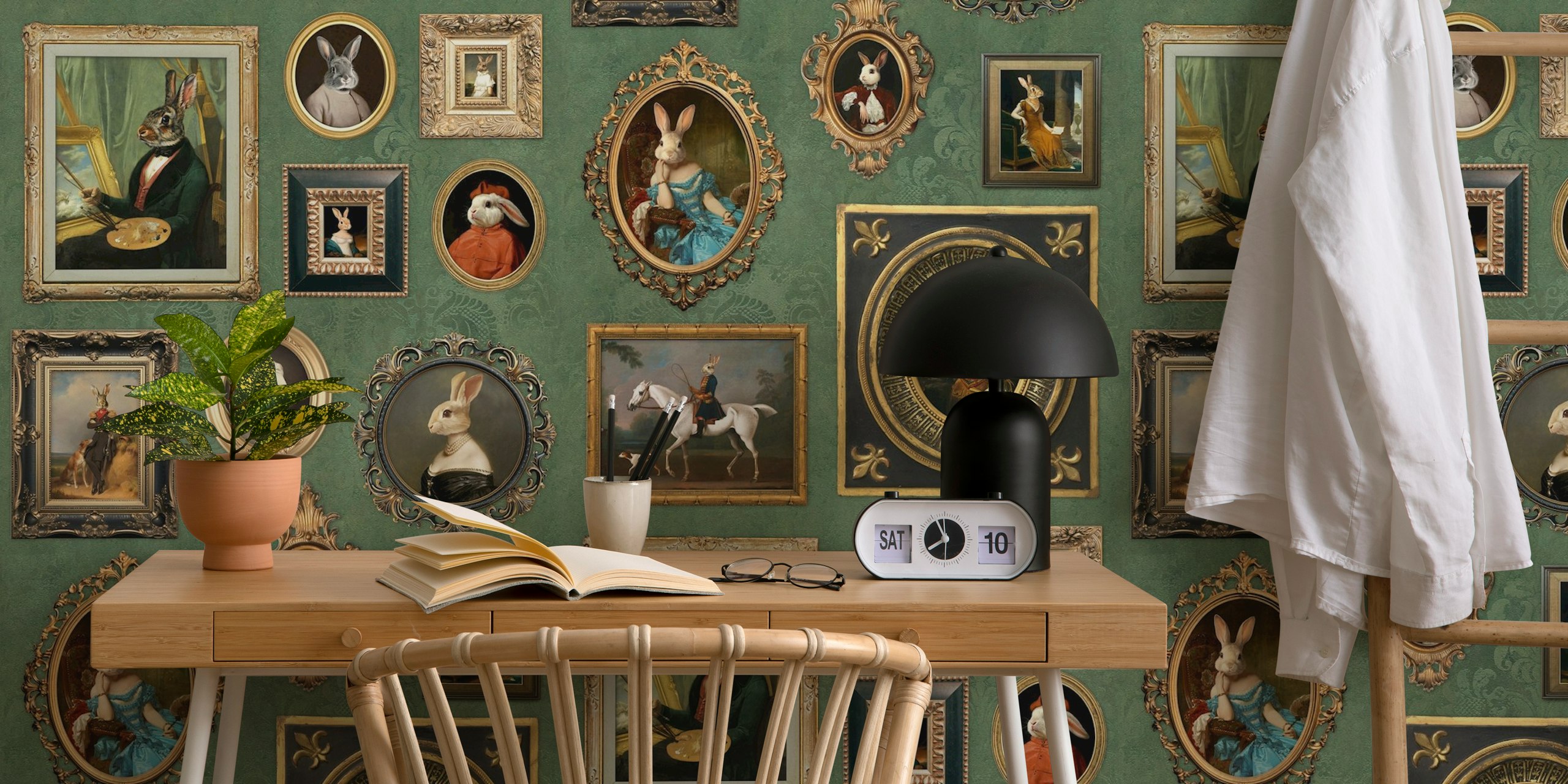 Sage green wallpaper s Noble Bunnies Portrait Collection