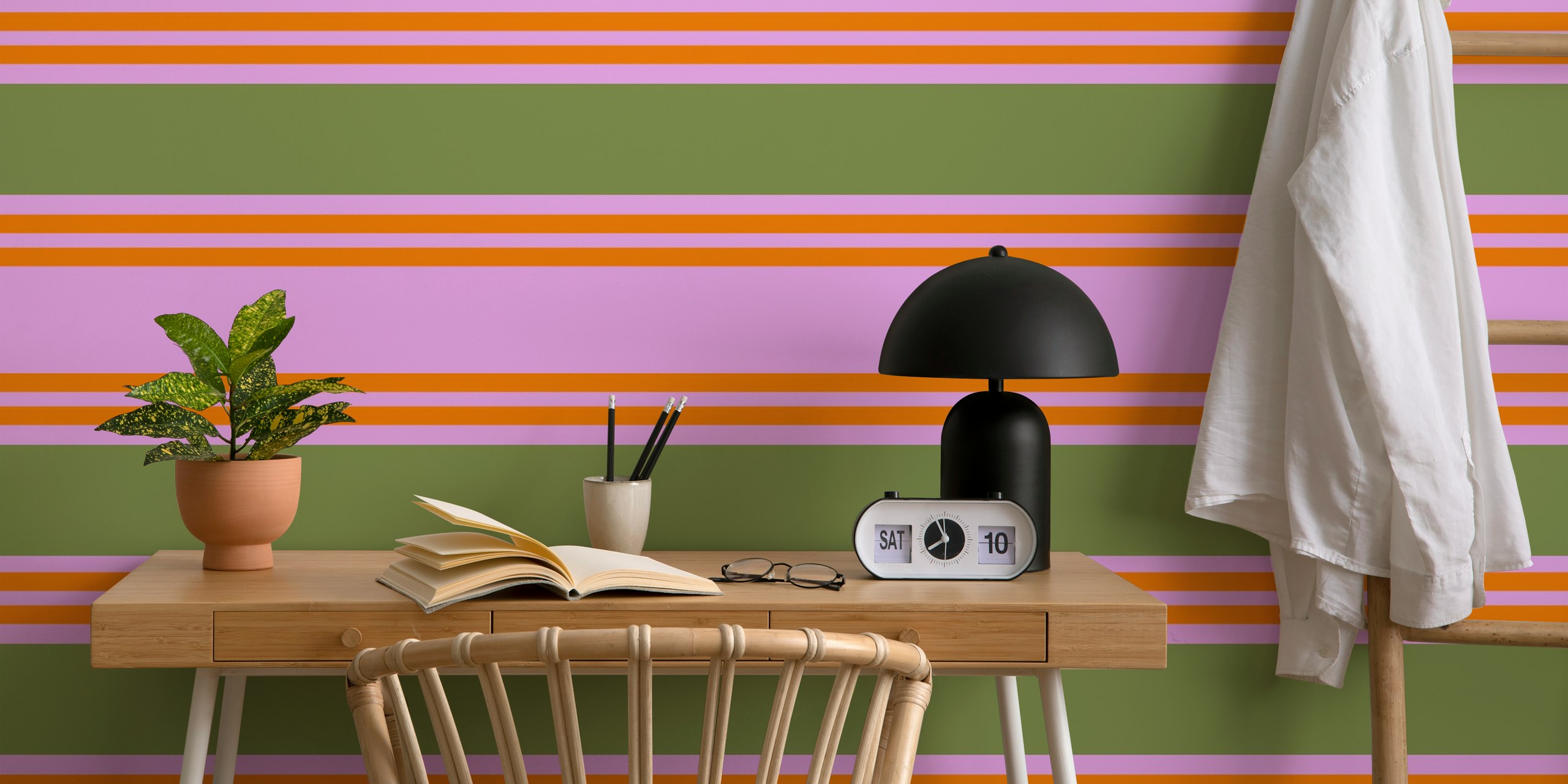 Colorful striped wallpaper featuring pink, orange, and green bands