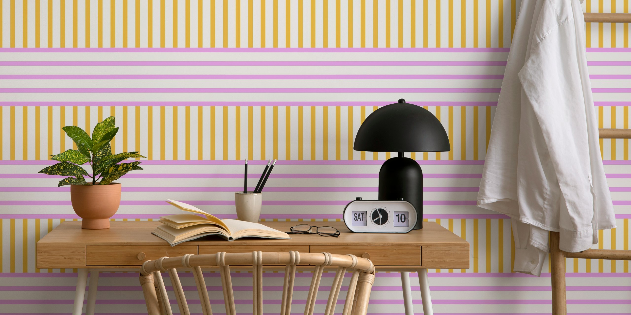 Yellow and pink striped wallpaper with horizontal and vertical patterns