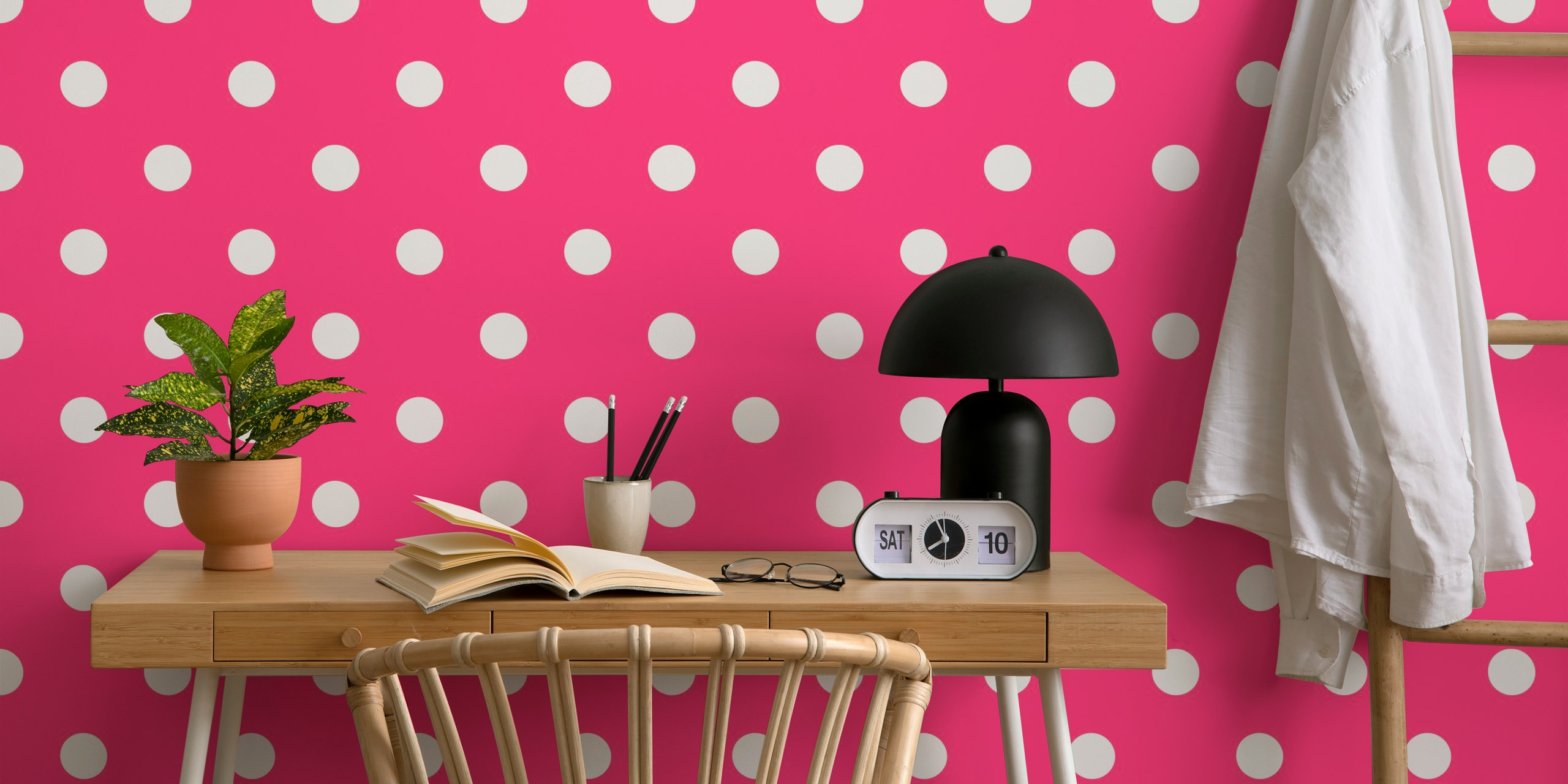 Wallpaper with white dots on hot pink background