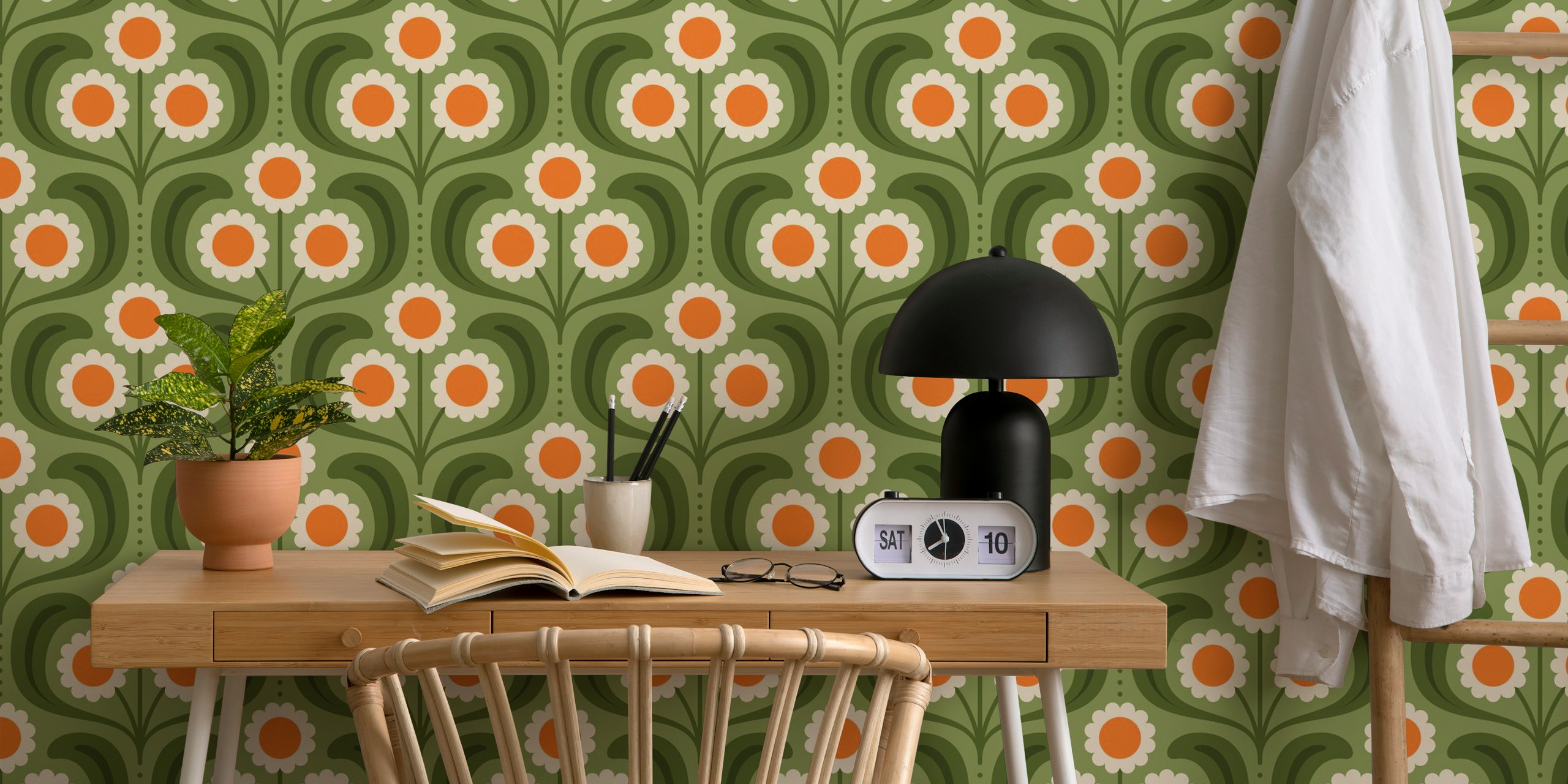 Retro floral design with green background and orange daisy flowers wallpaper