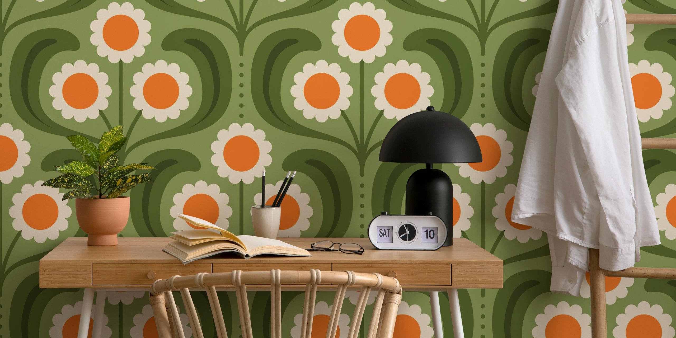 Groovy Daisy in Green Orange wallpaper in a room
