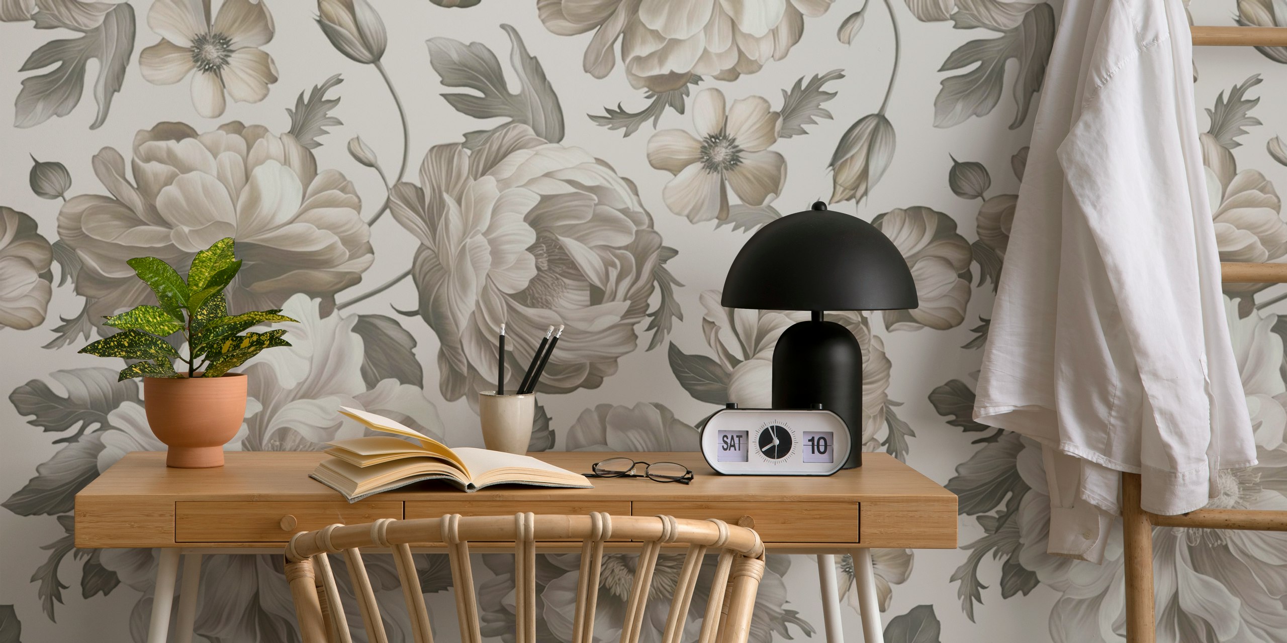 Ivory floral wallpaper with vintage grey flowers and leaves