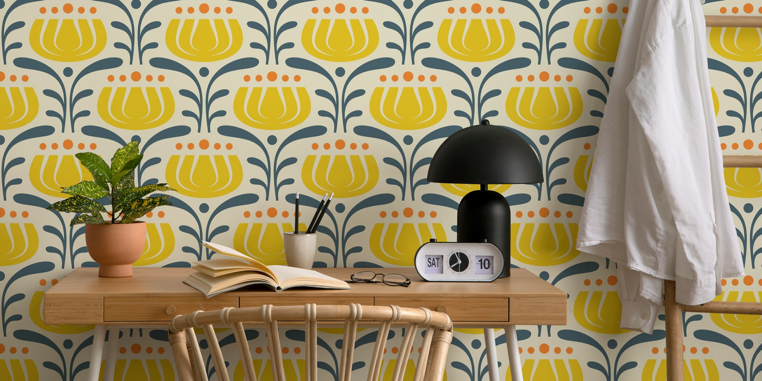 Yellow tulips with blue leaves pattern wallpaper