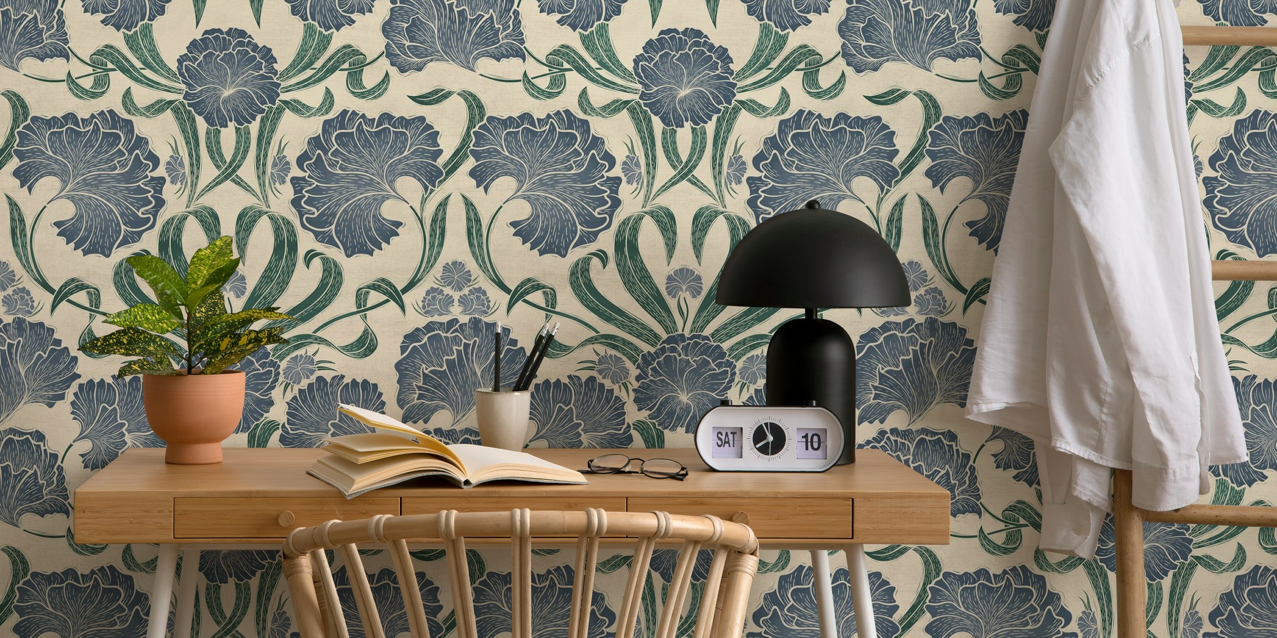 Blue botanical wallpaper in a room setting