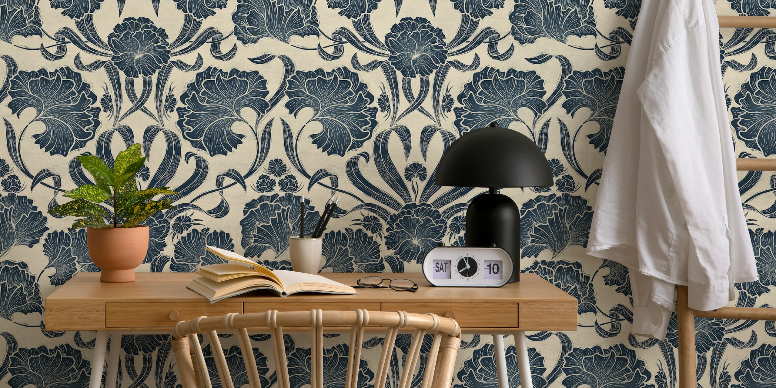 Block Print Antique Botanical-Monochrome blue tapeta