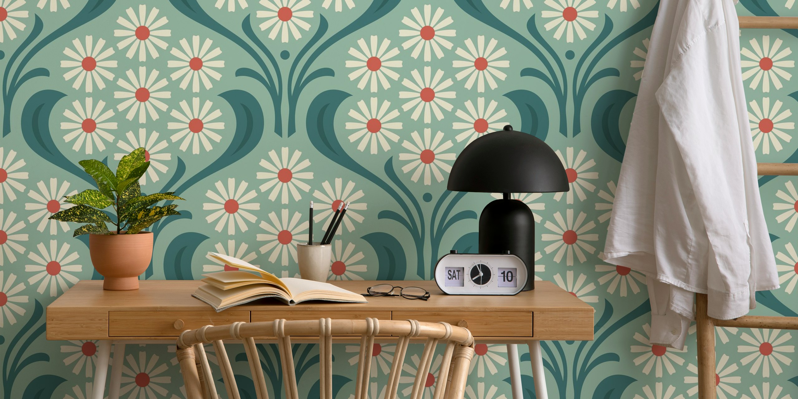 Turquoise floral daisy wallpaper with white petals and red centers