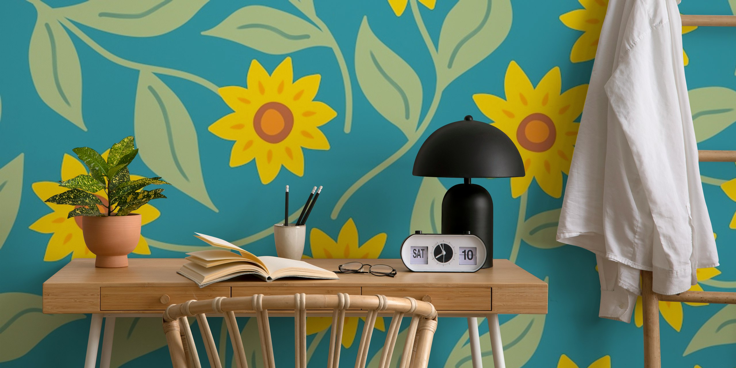 Sunflower scatter behang in een moderne kamer