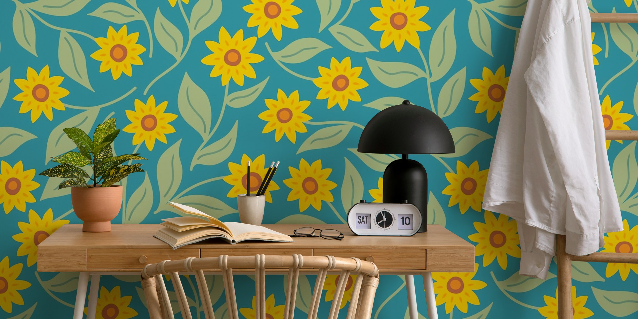 Yellow sunflowers with green leaves on turquoise background wallpaper