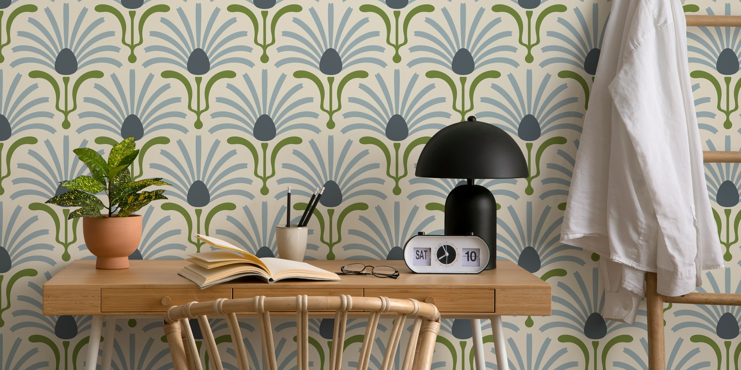 Bohemian floral design with gray, green, and blue tones wallpaper