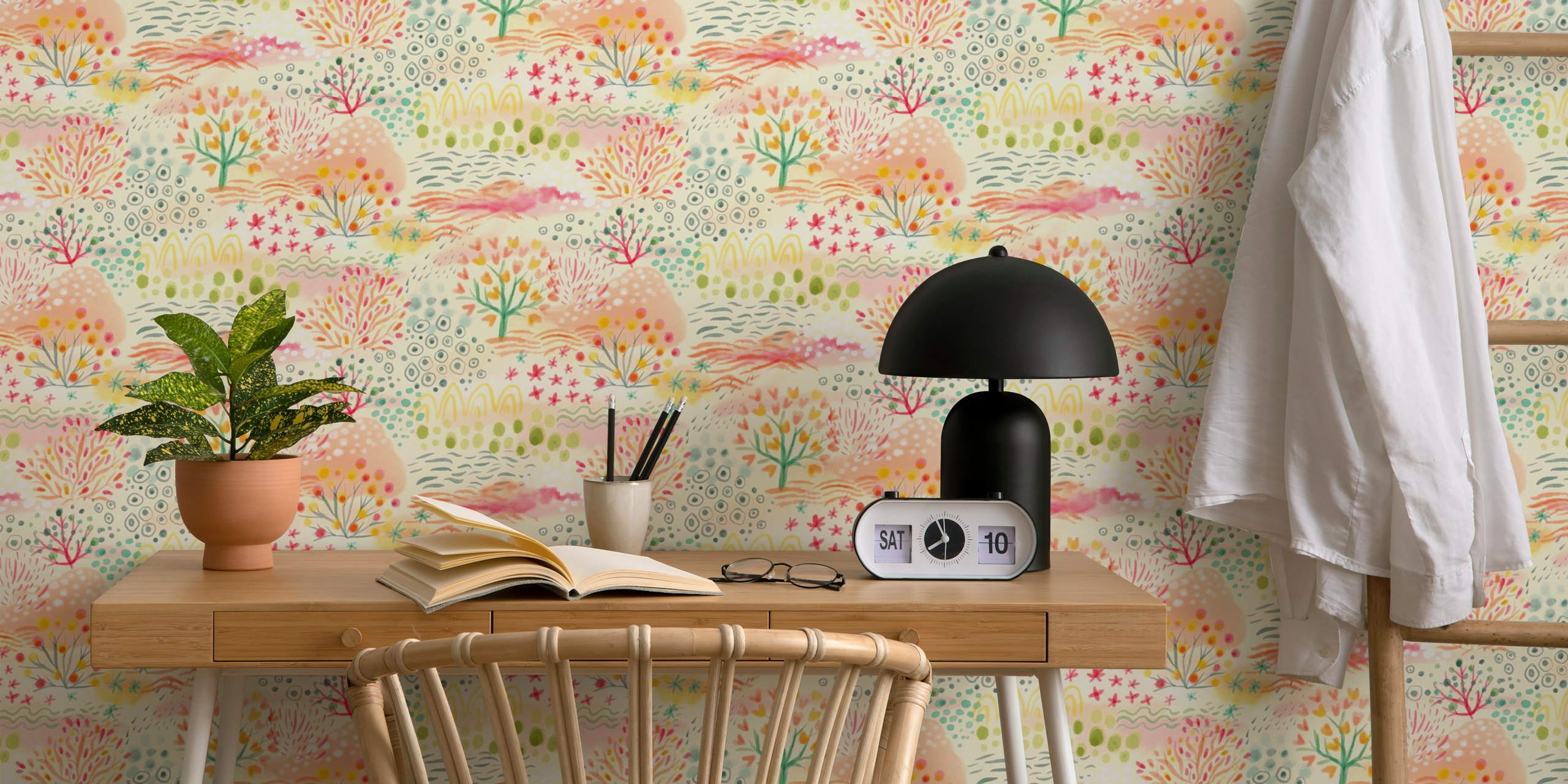 Colorful watercolor floral patterns including plants and abstract shapes wallpaper