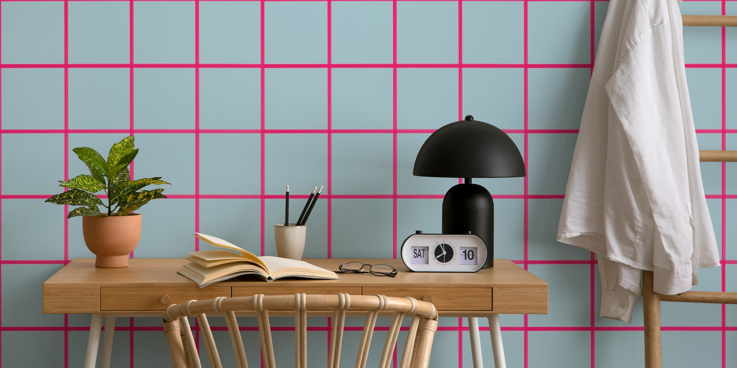 Blue gray and fuchsia geometric grouted tiles wallpaper