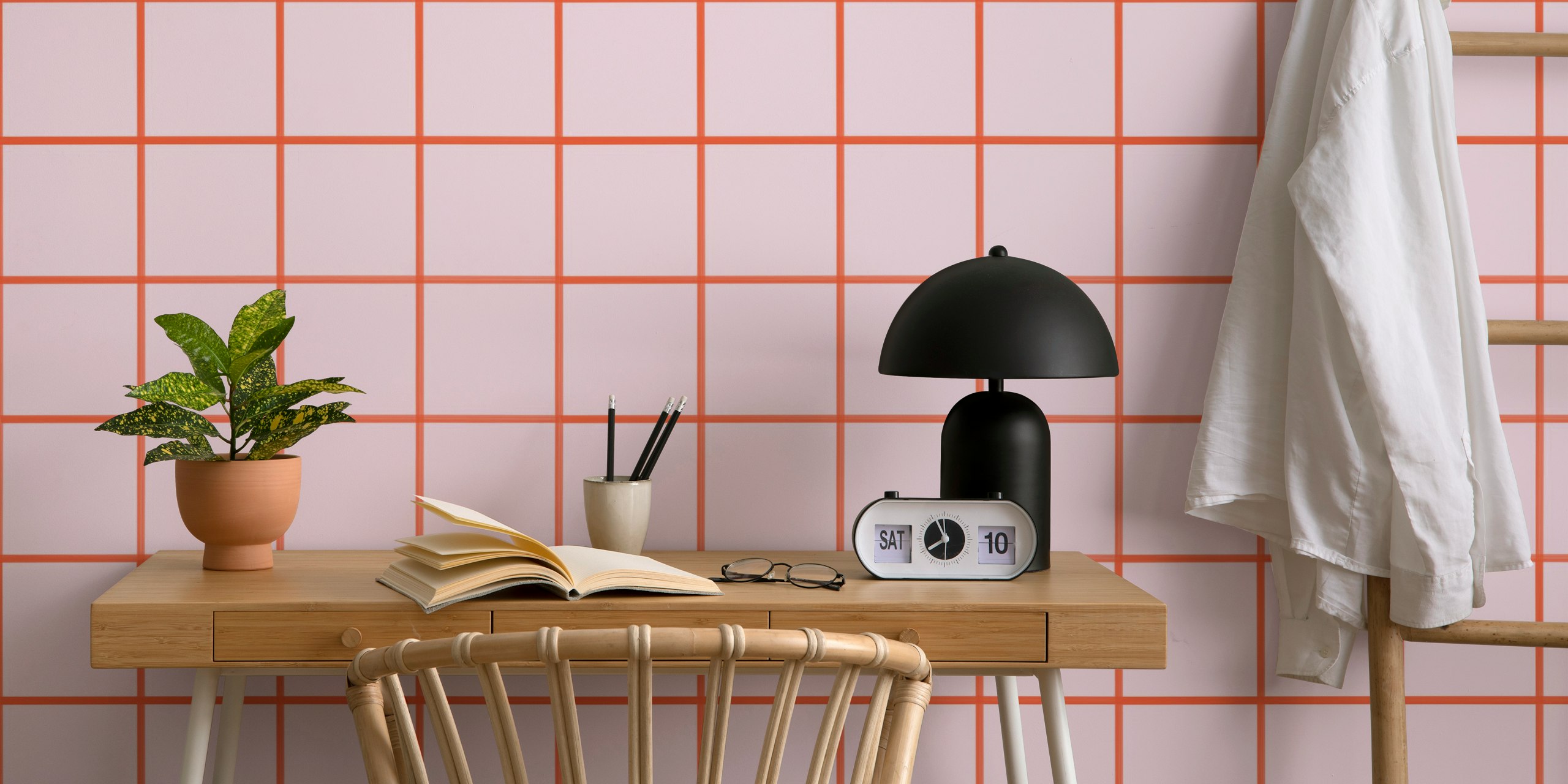 Light pink and red grouted tile wallpaper