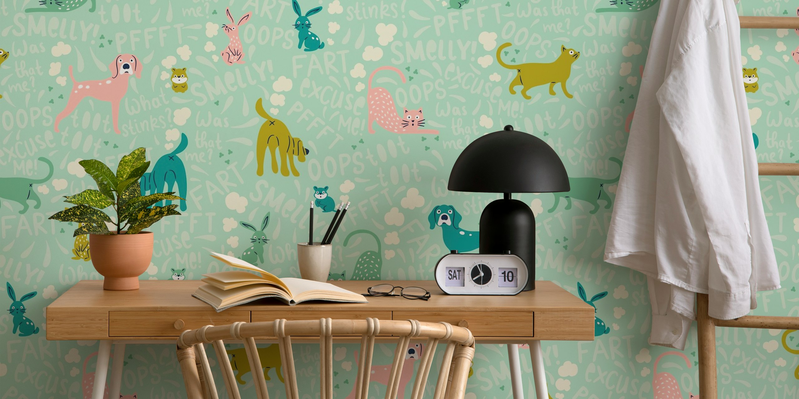 Farting pets wallpaper in a cozy room