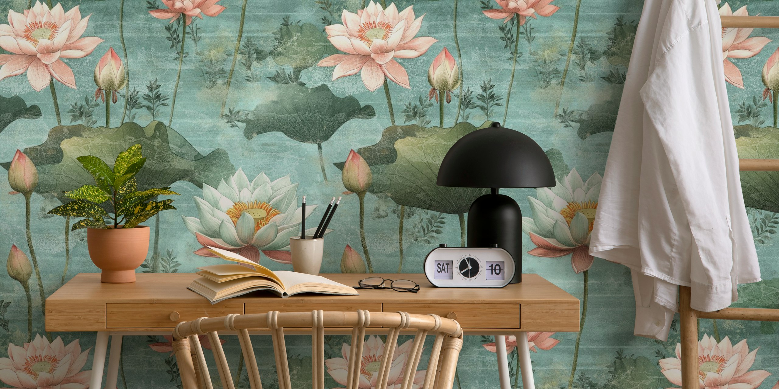 Teal White Lotus Fresco tapetti huoneessa