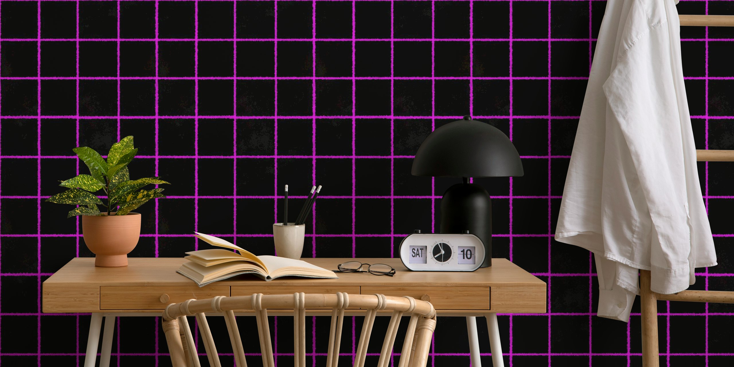 Black gridlines with pink outlines modern wallpaper
