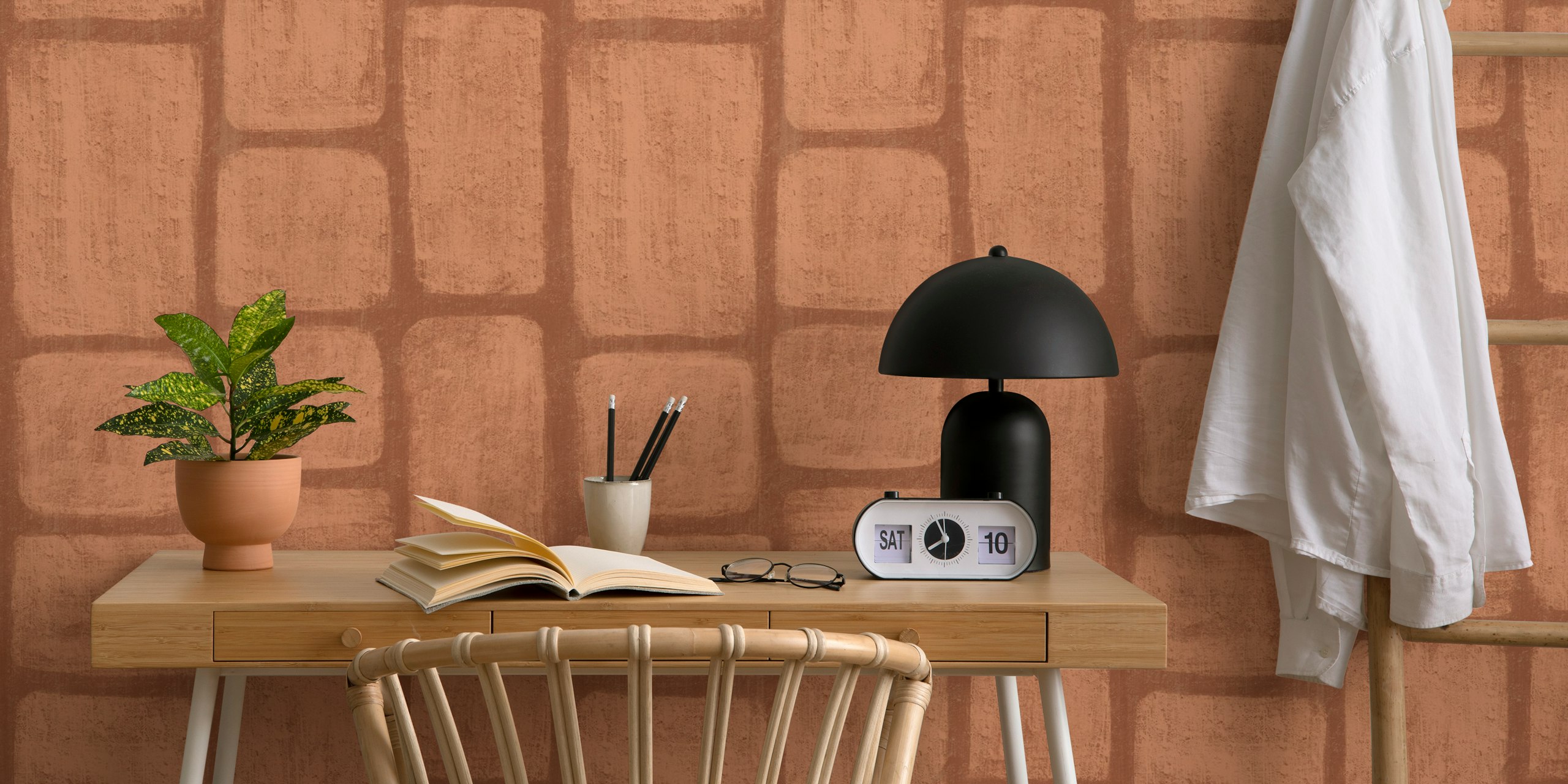 Terracotta geometric shapes on a textured background wallpaper