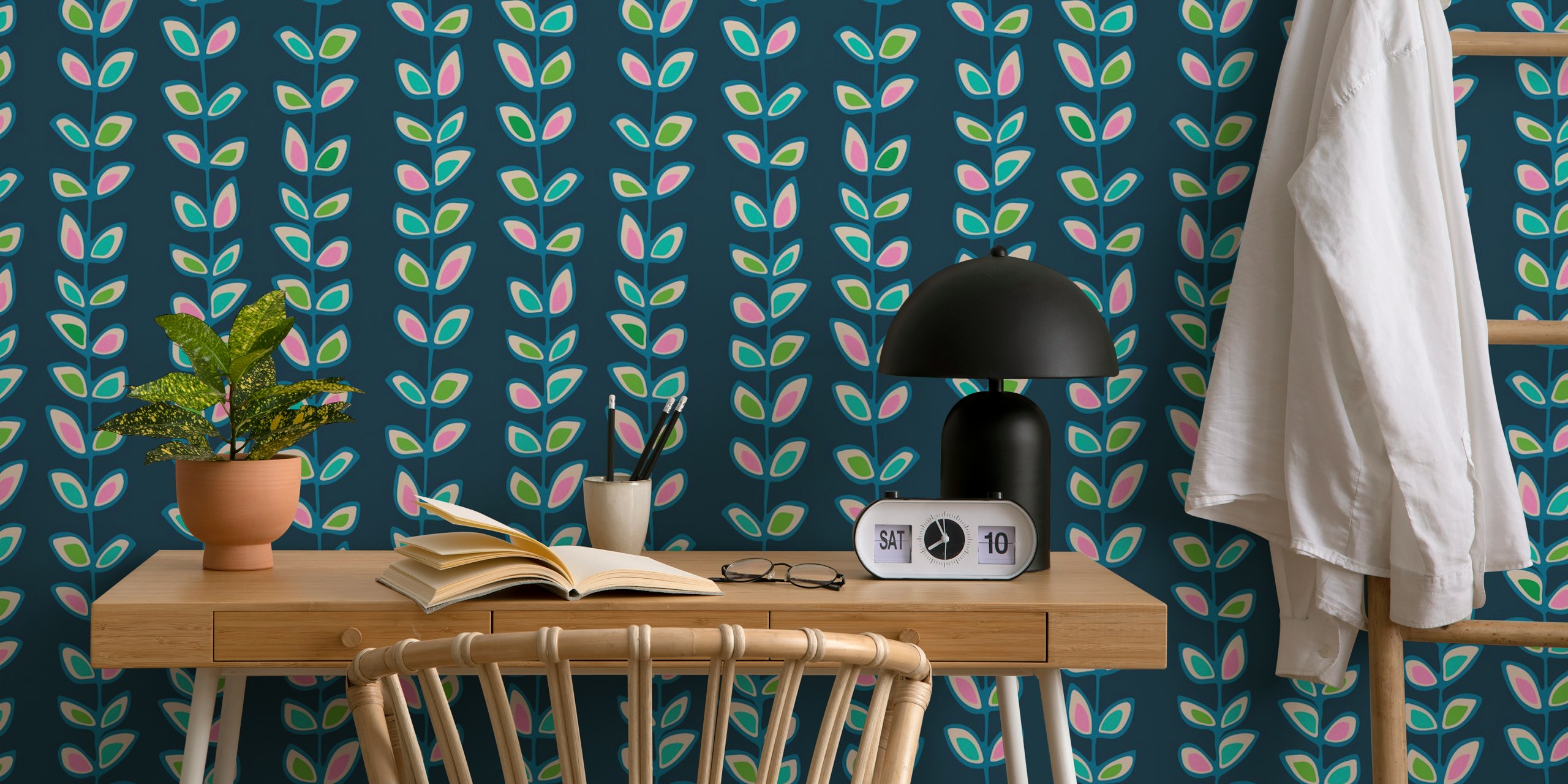 Climbing Vines Stripe Retro Leaves wallpaper in room