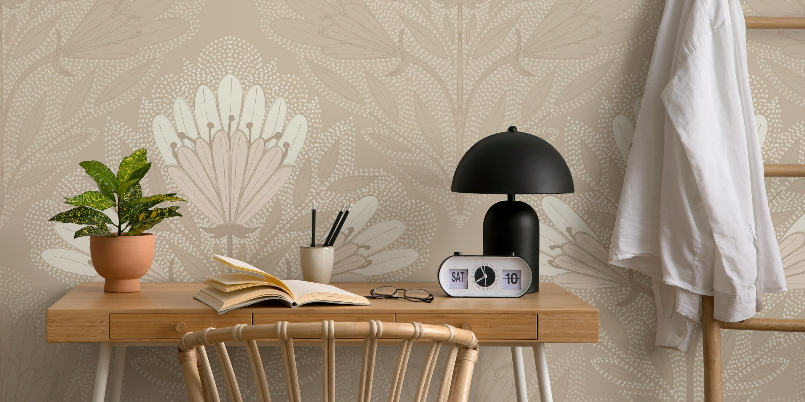 Floral pattern with soft neutral colors, delicate flowers and leaves wallpaper