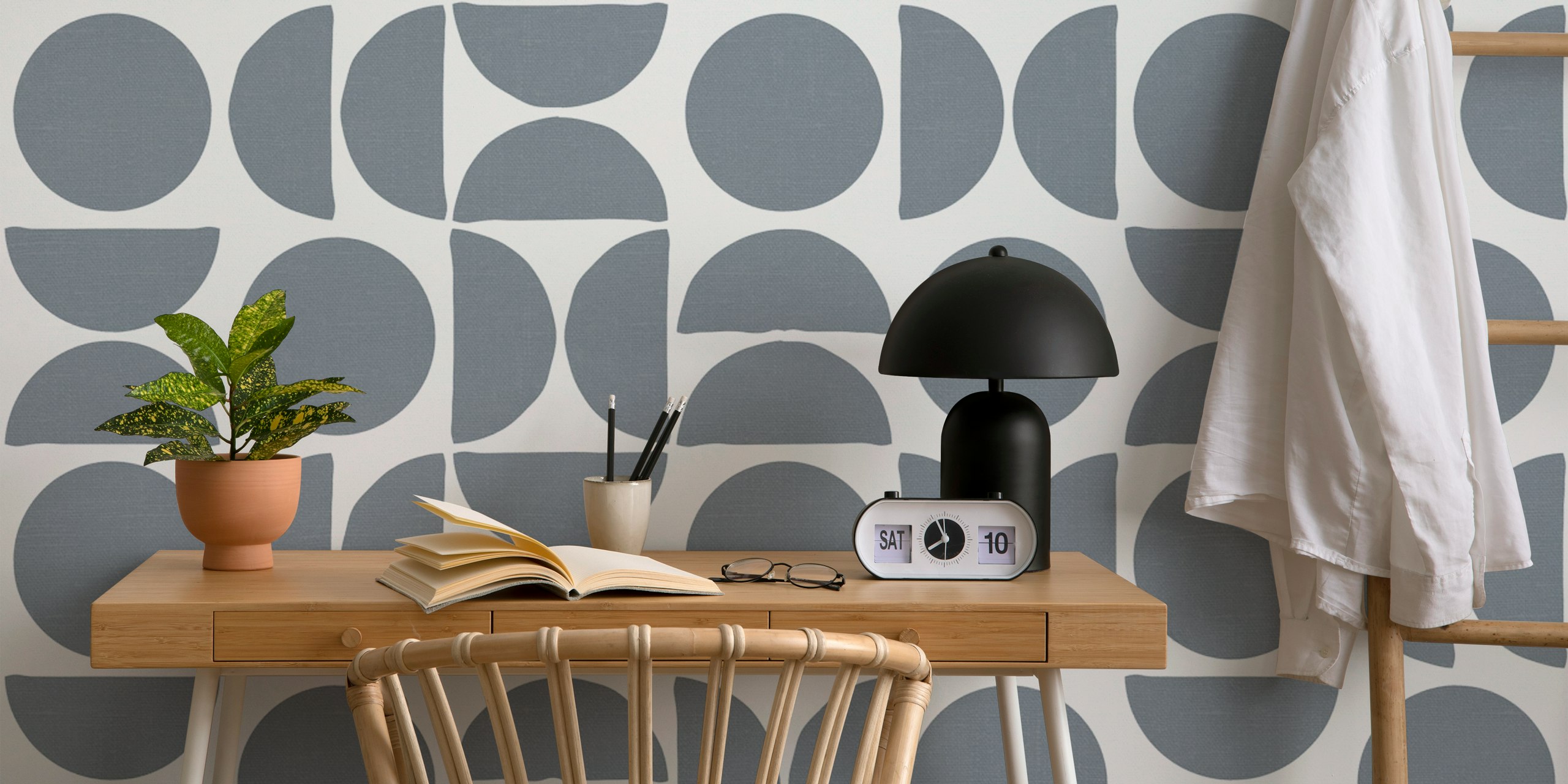Geometric shapes in dove blue and white wallpaper