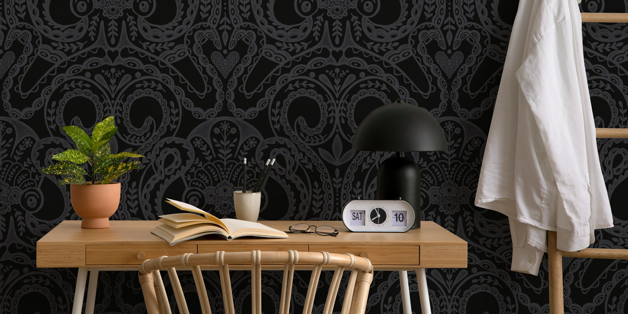 Folk octopus damask black wallpaper in a room