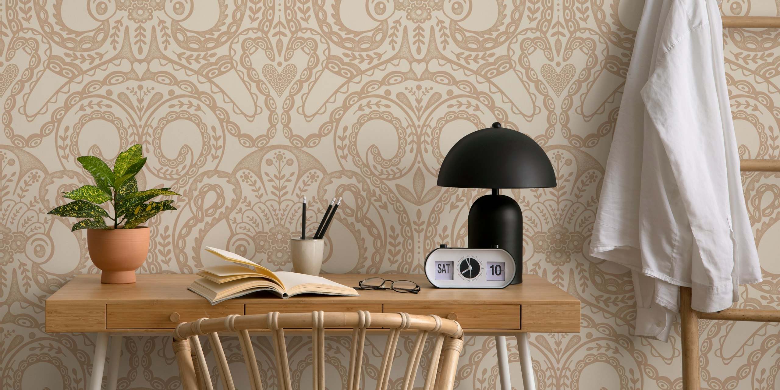 Folk octopus damask pattern in sand color wallpaper