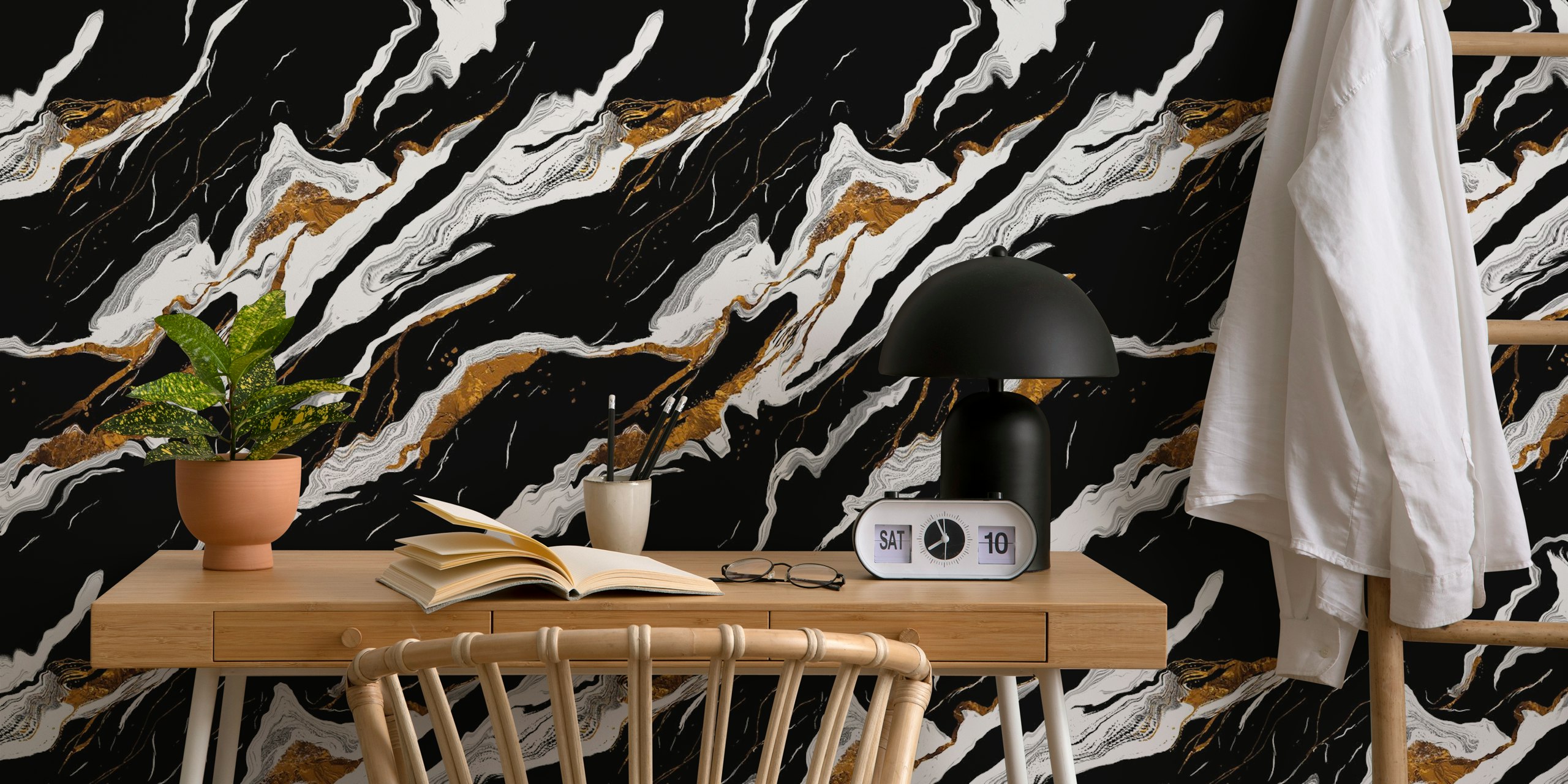 Black marble wallpaper with white and golden veins
