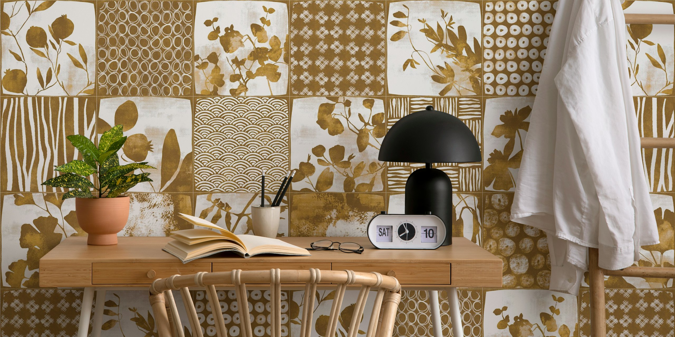 Mustard yellow and white patterned wallpaper in a room