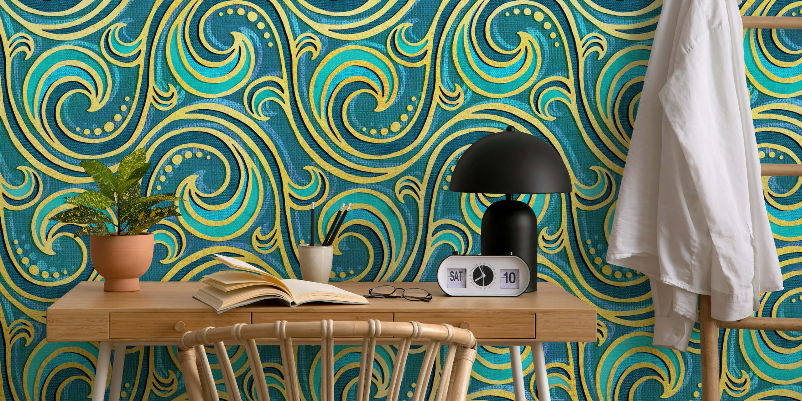 Teal ocean waves with golden swirls, Rococo style wallpaper