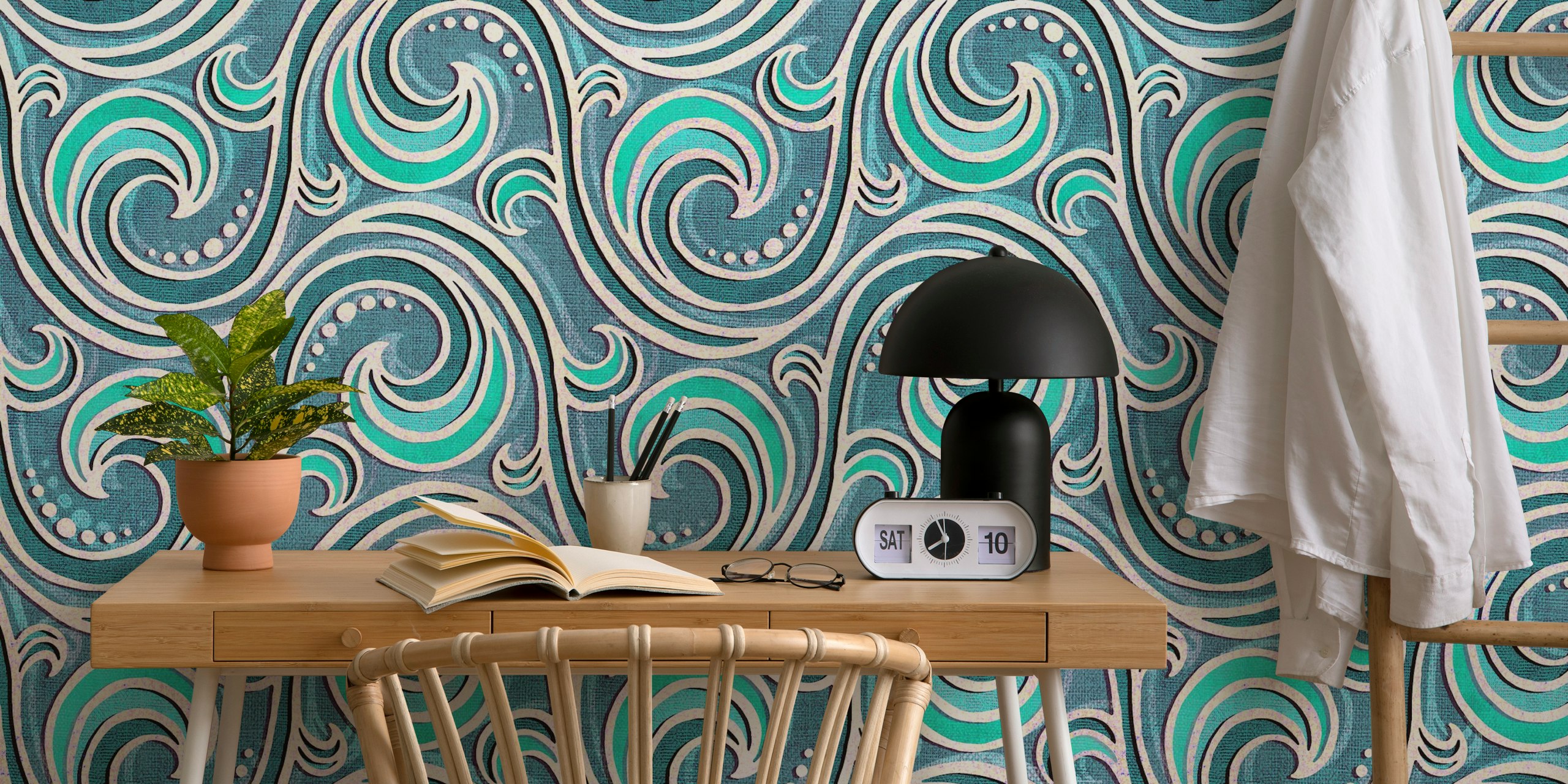 Stylized waves in seafoam teal and white on textured background wallpaper